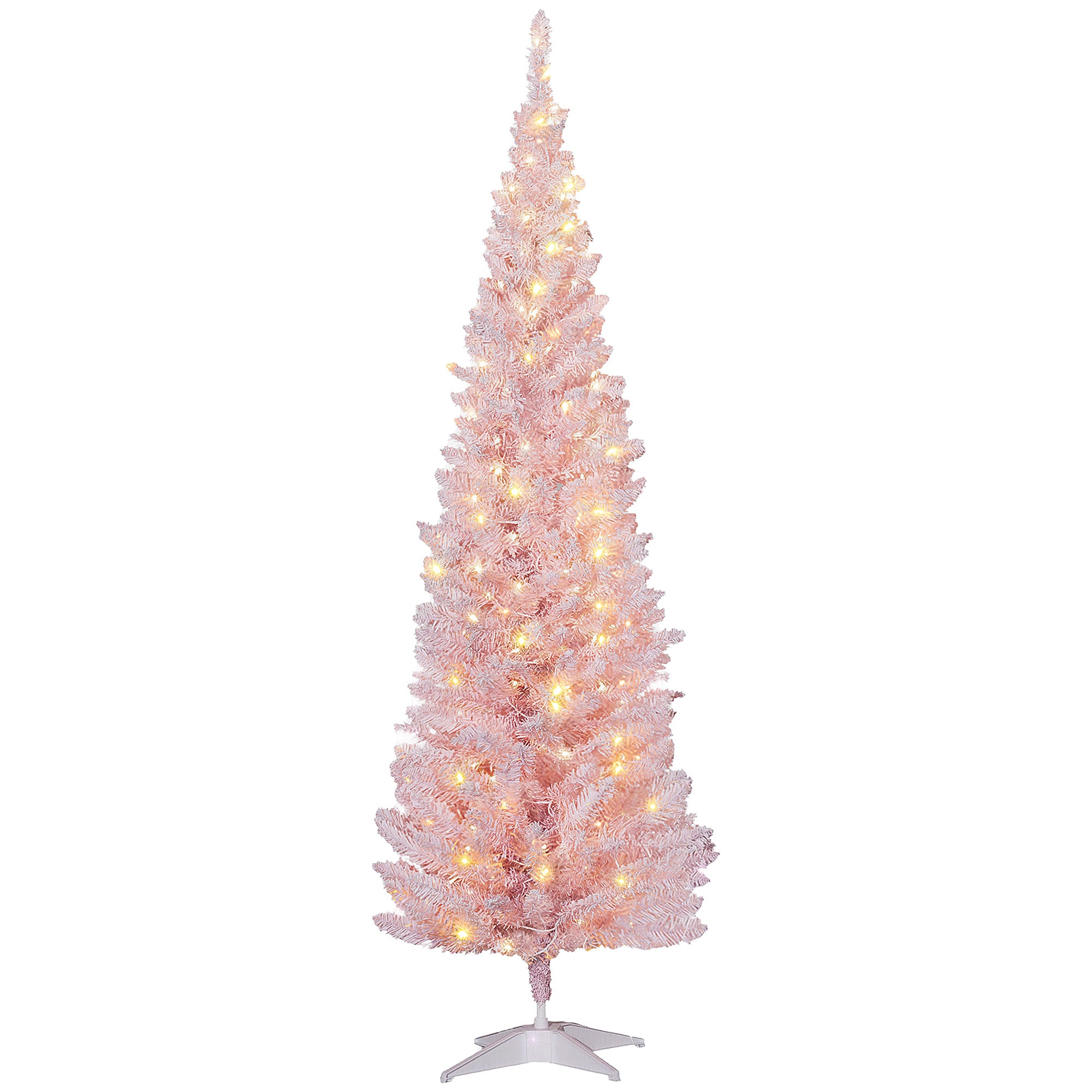 6' Tall Pre-Lit Slim Noble Fir Artificial Pencil Christmas Tree with 170 Warm White LED Lights and 390 Tips, for Christmas Decoration, Pink