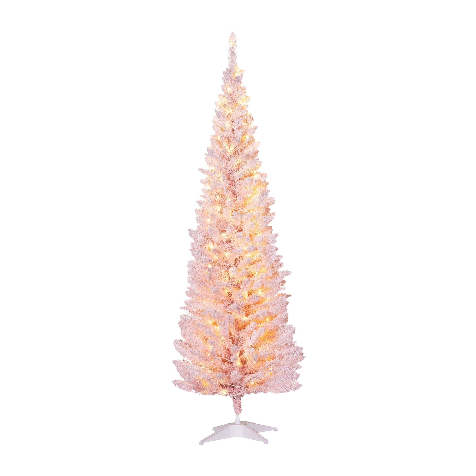 6ft Pre Lit Pencil Christmas Tree Slim Artificial Xmas Tree with Realistic Branches & LED Lights Pink