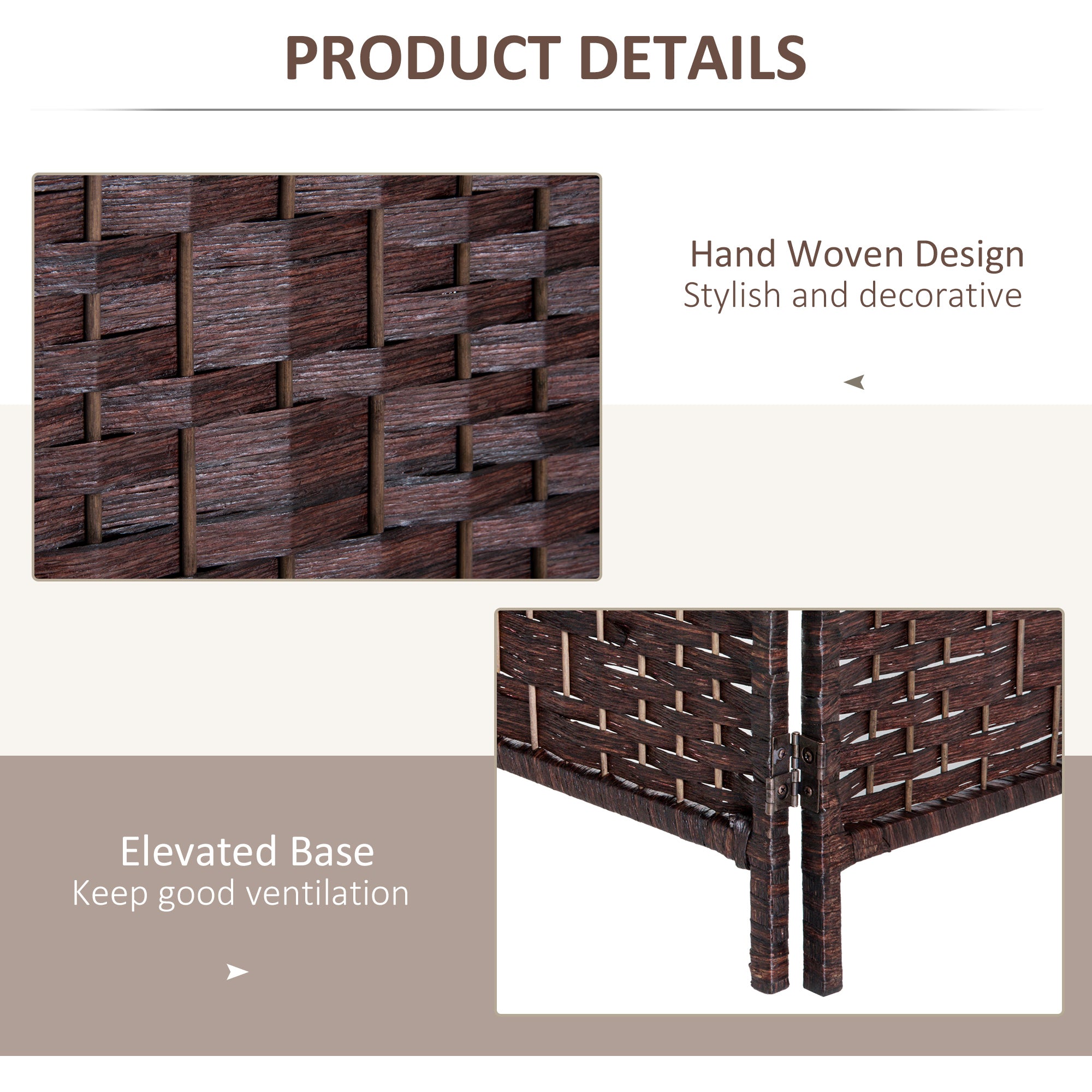 HOMCOM 3 Panels Room Divider, 6 Ft Tall Indoor Portable Folding Privacy Screens, Hand-Woven Double Hinged Freestanding Partition Wall Divider for Home Office, Brown