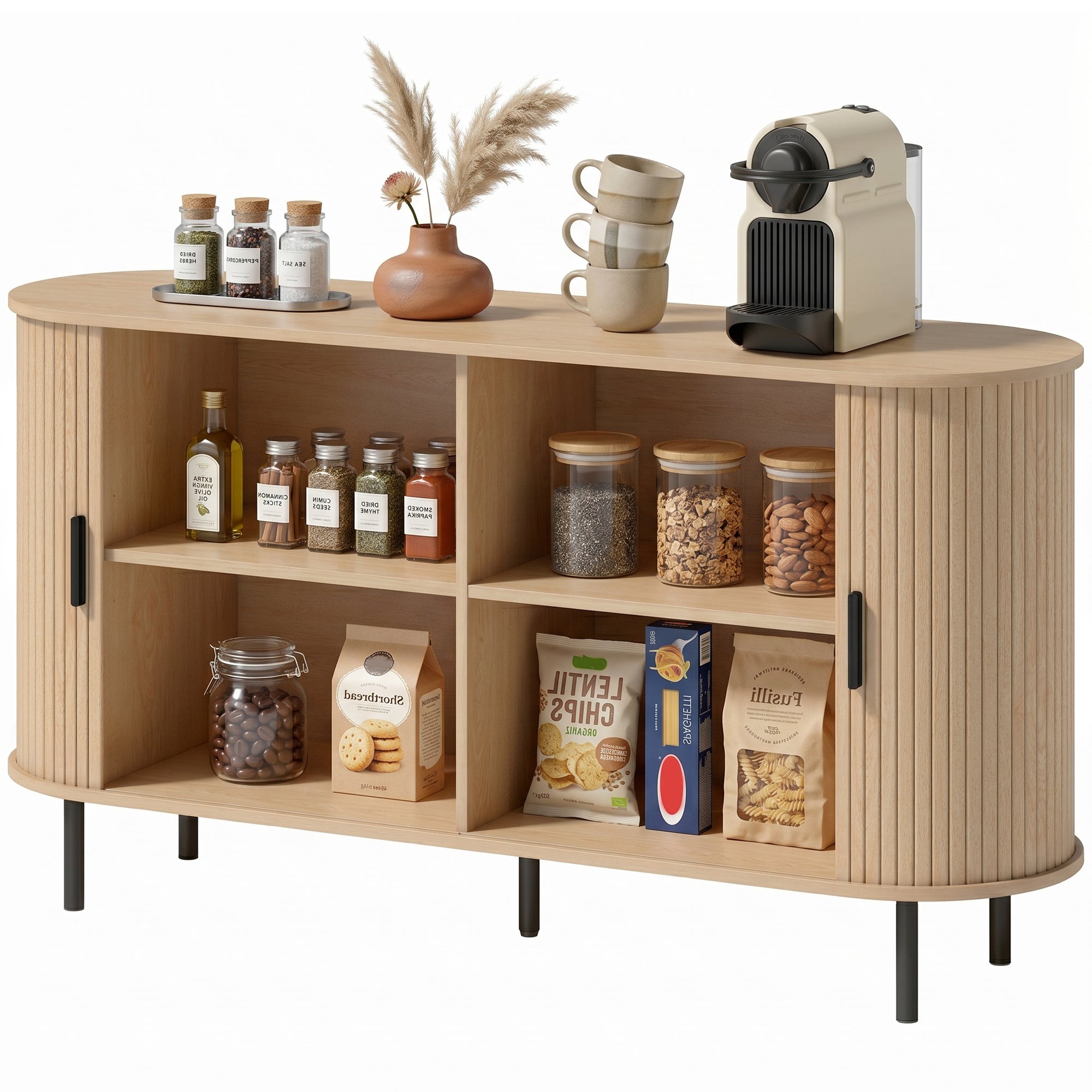Fluted Sideboard Buffet Cabinet, 55" Mid Century Coffee Bar Cabinet with Sliding Doors, Kitchen Credenza with Adjustable Shelves, Natural Wood