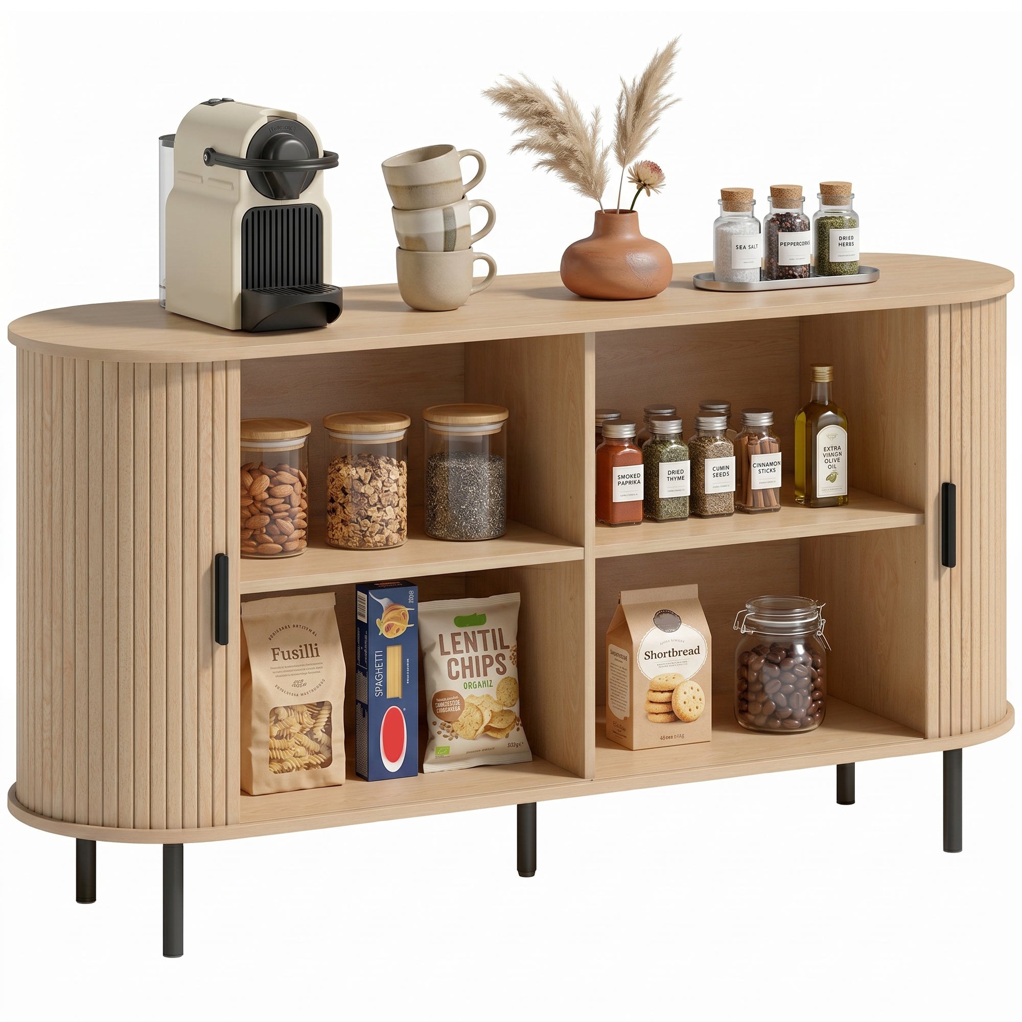 Fluted Sideboard Buffet Cabinet, 55" Mid Century Coffee Bar Cabinet with Sliding Doors, Kitchen Credenza with Adjustable Shelves, Natural Wood
