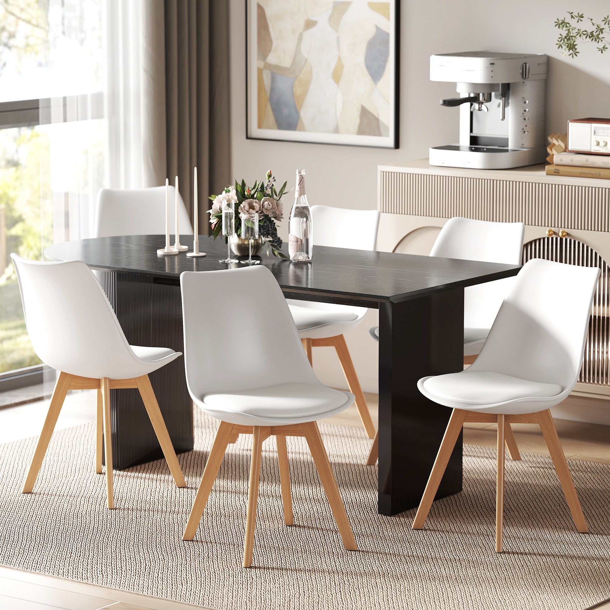 Dining Chairs Set of 6, Modern Kitchen Chairs with PU Leather Cushion and Wood Base, Upholstered Accent Chairs for Living Room and Dining Room, White