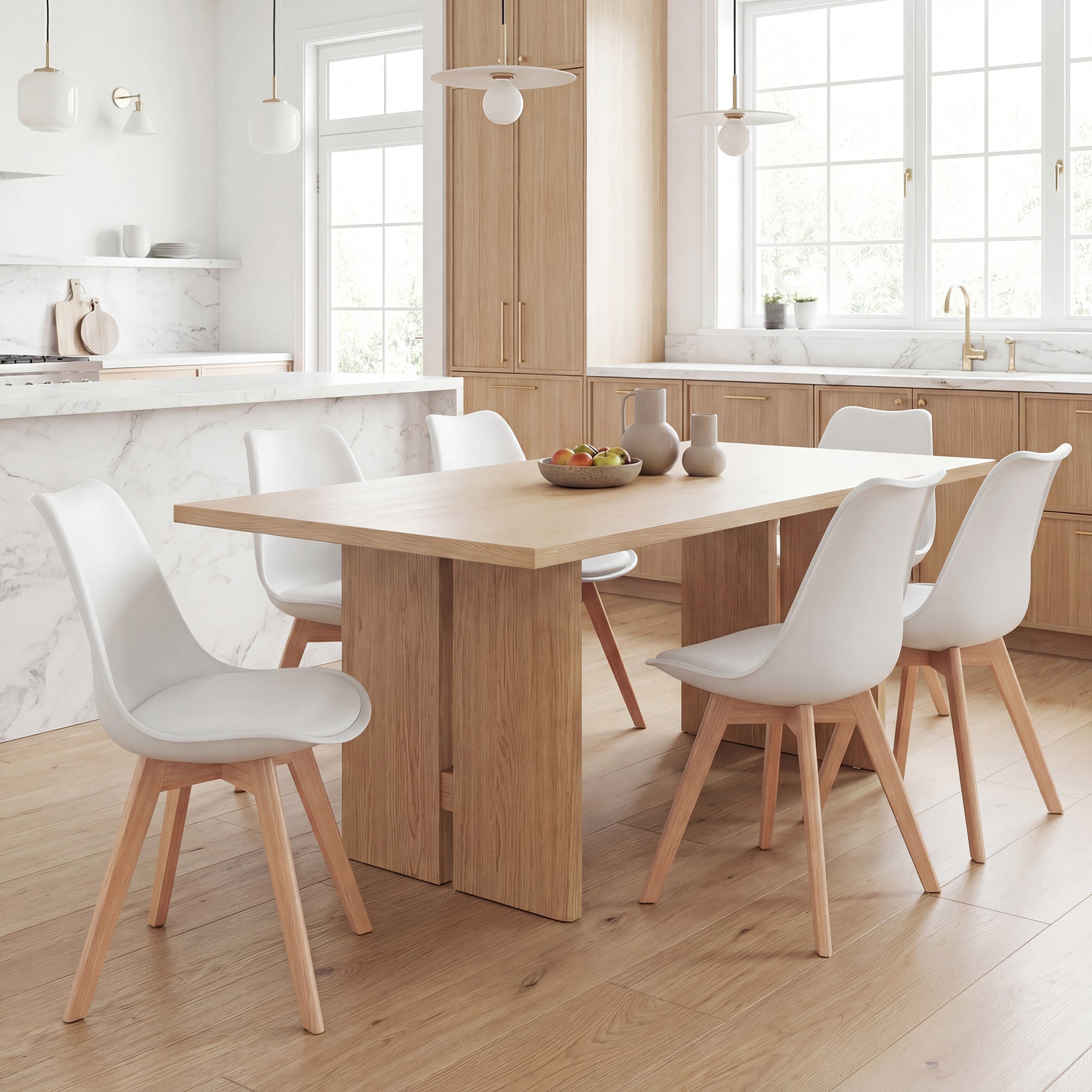 Dining Chairs Set of 6, Modern Kitchen Chairs with PU Leather Cushion and Wood Base, Upholstered Accent Chairs for Living Room and Dining Room, White