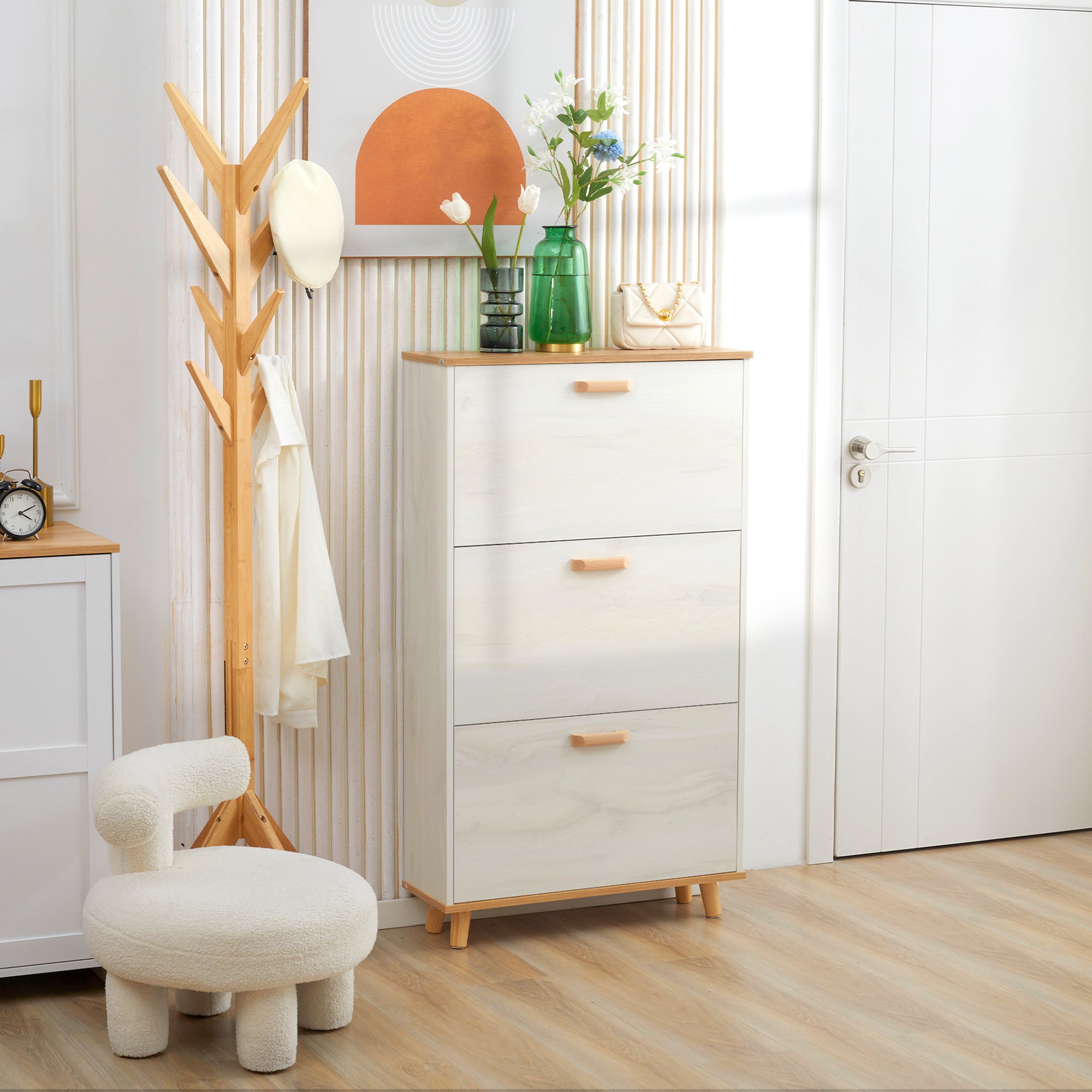 HOMCOM Narrow Shoe Cabinet, Slim Shoe Storage Cabinet with 3 Flip Drawers and Adjustable Shelves, 12 Pair of Shoes Organizer for Hallway, Entryway, Cream White