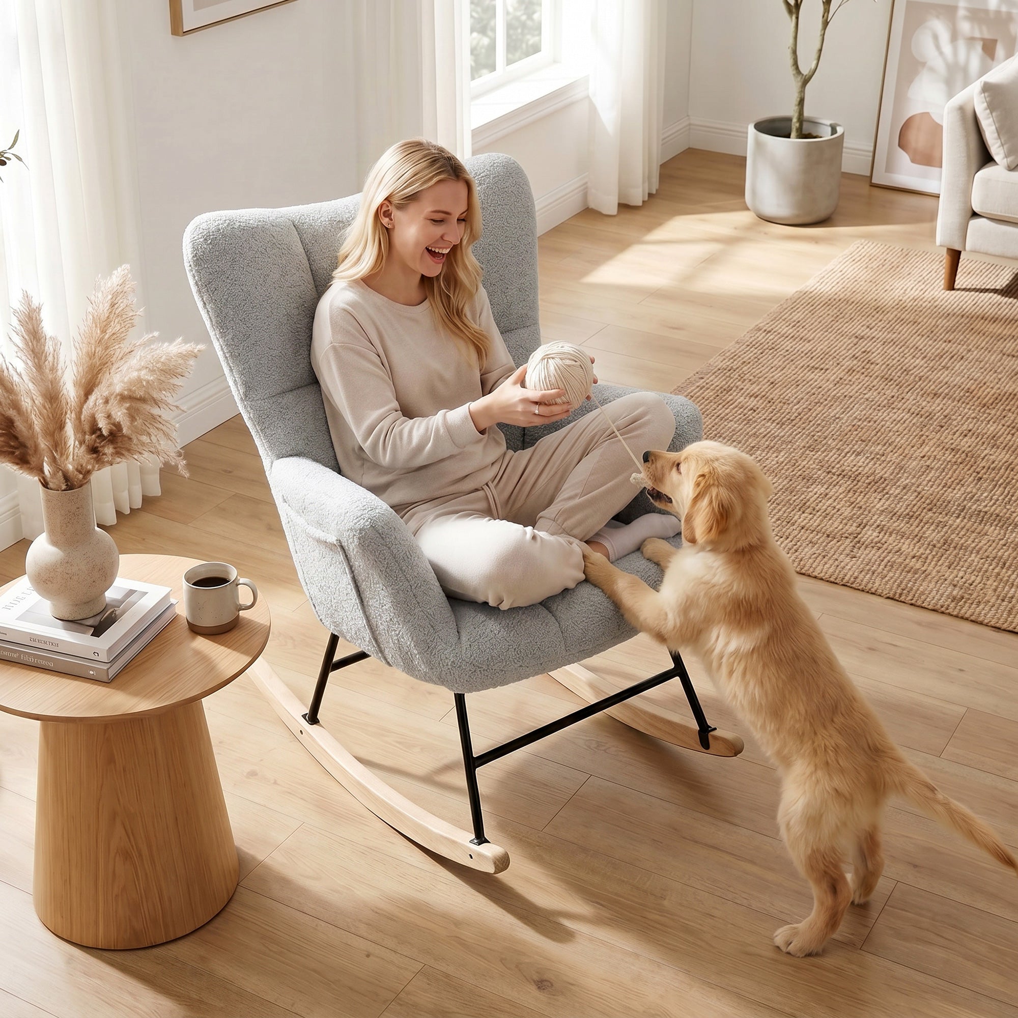 Rocking Chair with Side Pockets, Wingback Tufted Rocker Chair with Teddy Fleece Upholstered, Rubber Wood Legs for Living Room, Bedroom, Light Grey