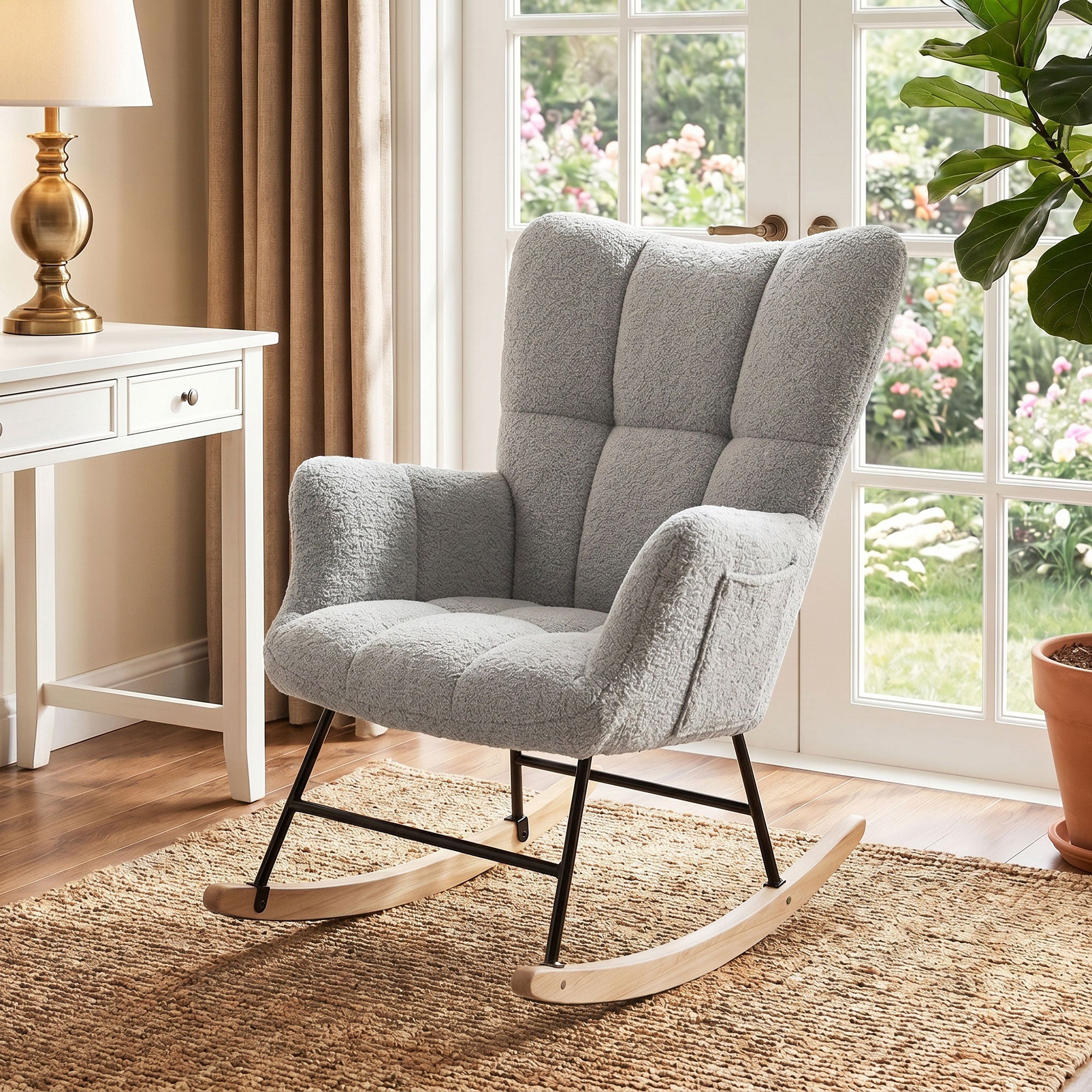 Rocking Chair with Side Pockets, Wingback Tufted Rocker Chair with Teddy Fleece Upholstered, Rubber Wood Legs for Living Room, Bedroom, Light Grey
