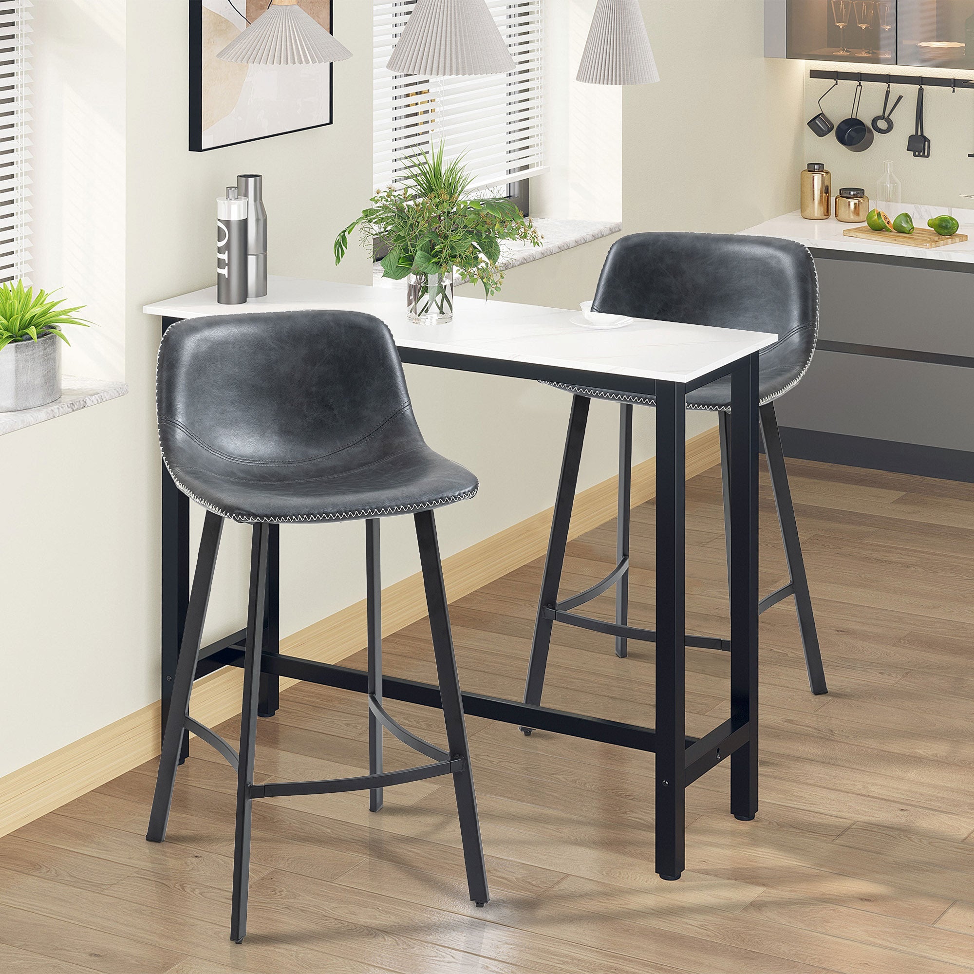 27.25" Counter Height Bar Stools Upholstered Armless Bar Chairs with Back Steel Legs Black