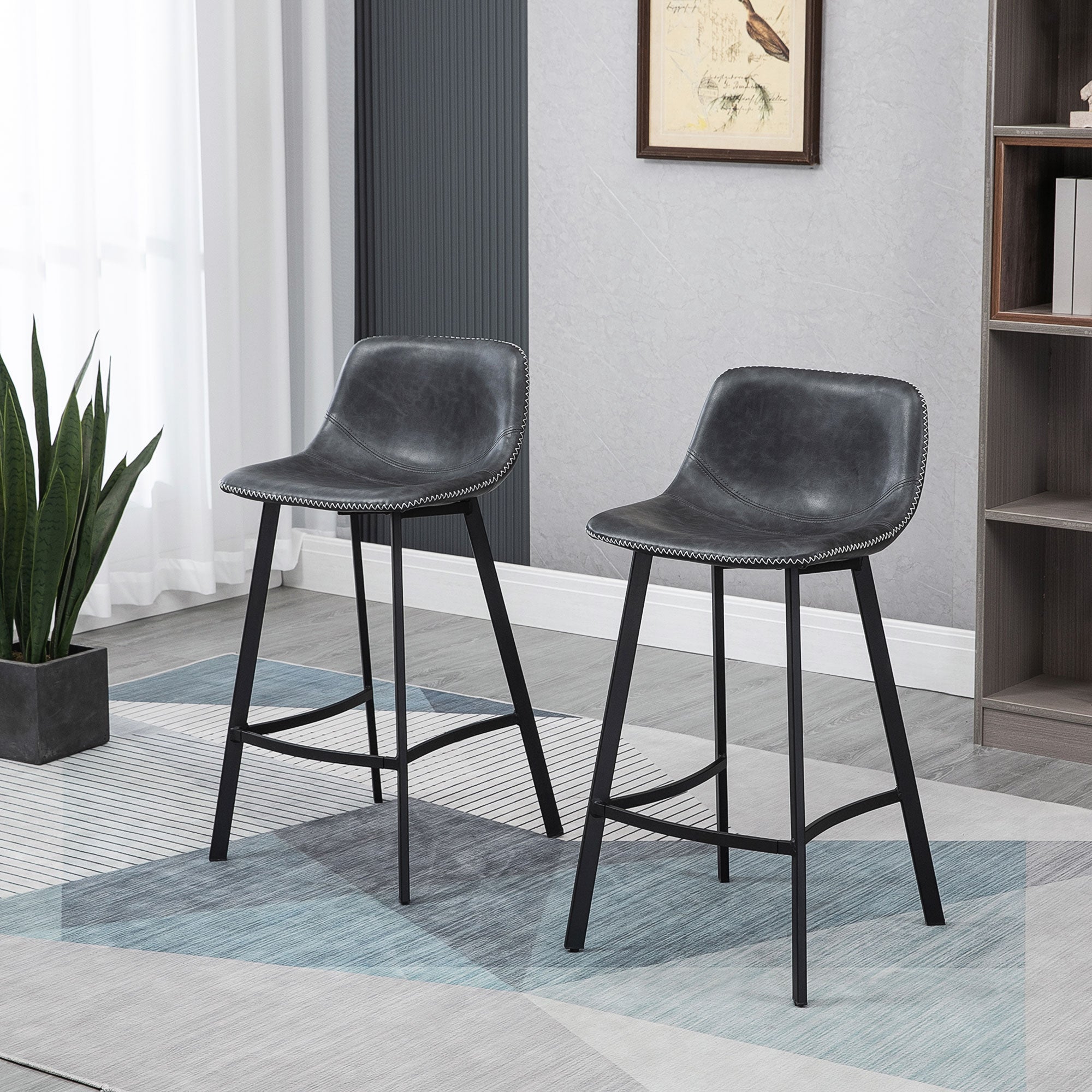 27.25" Counter Height Bar Stools Upholstered Armless Bar Chairs with Back Steel Legs Black