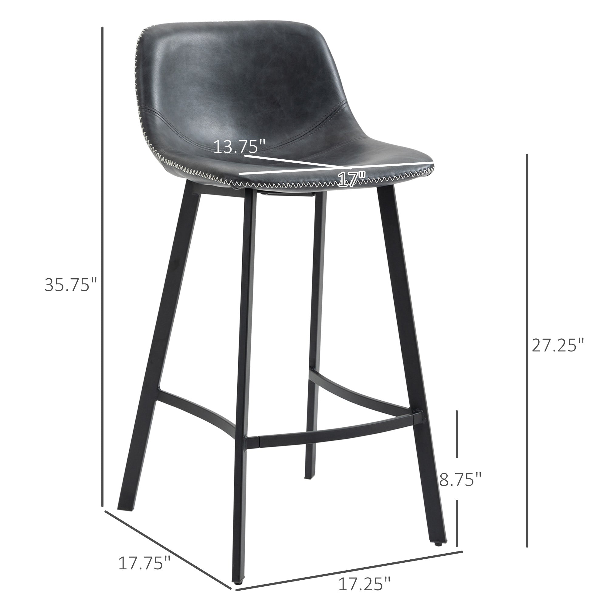 27.25" Counter Height Bar Stools Upholstered Armless Bar Chairs with Back Steel Legs Black