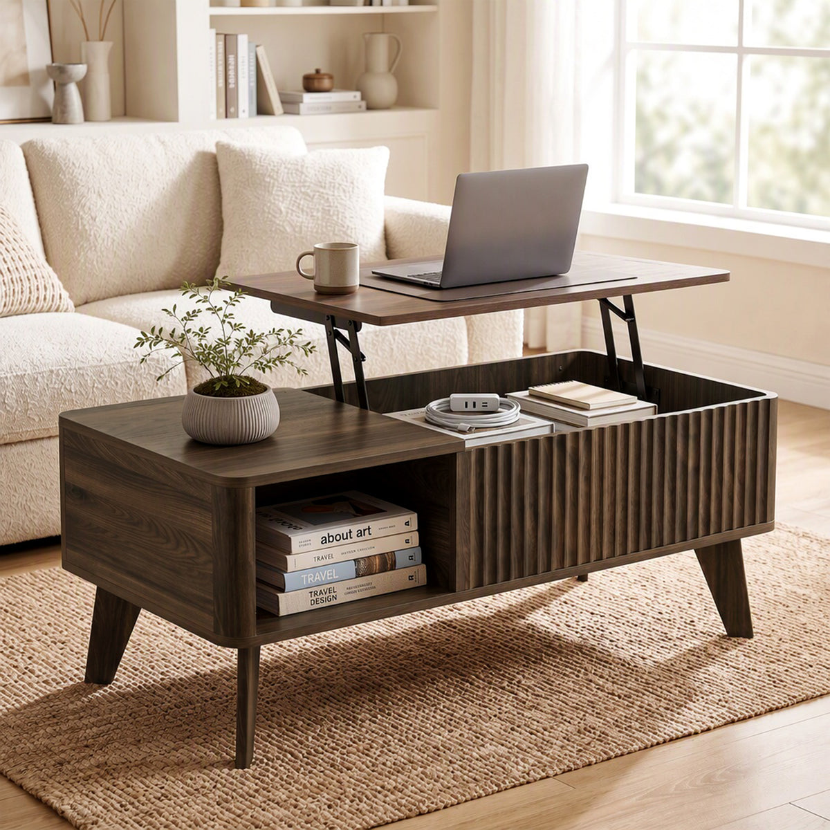 40" Fluted Lift Top Coffee Table with Storage, Mid-Century Modern Coffee Table with Hidden Compartment, Open Shelf and Rounded Corners for Living Room, Walnut