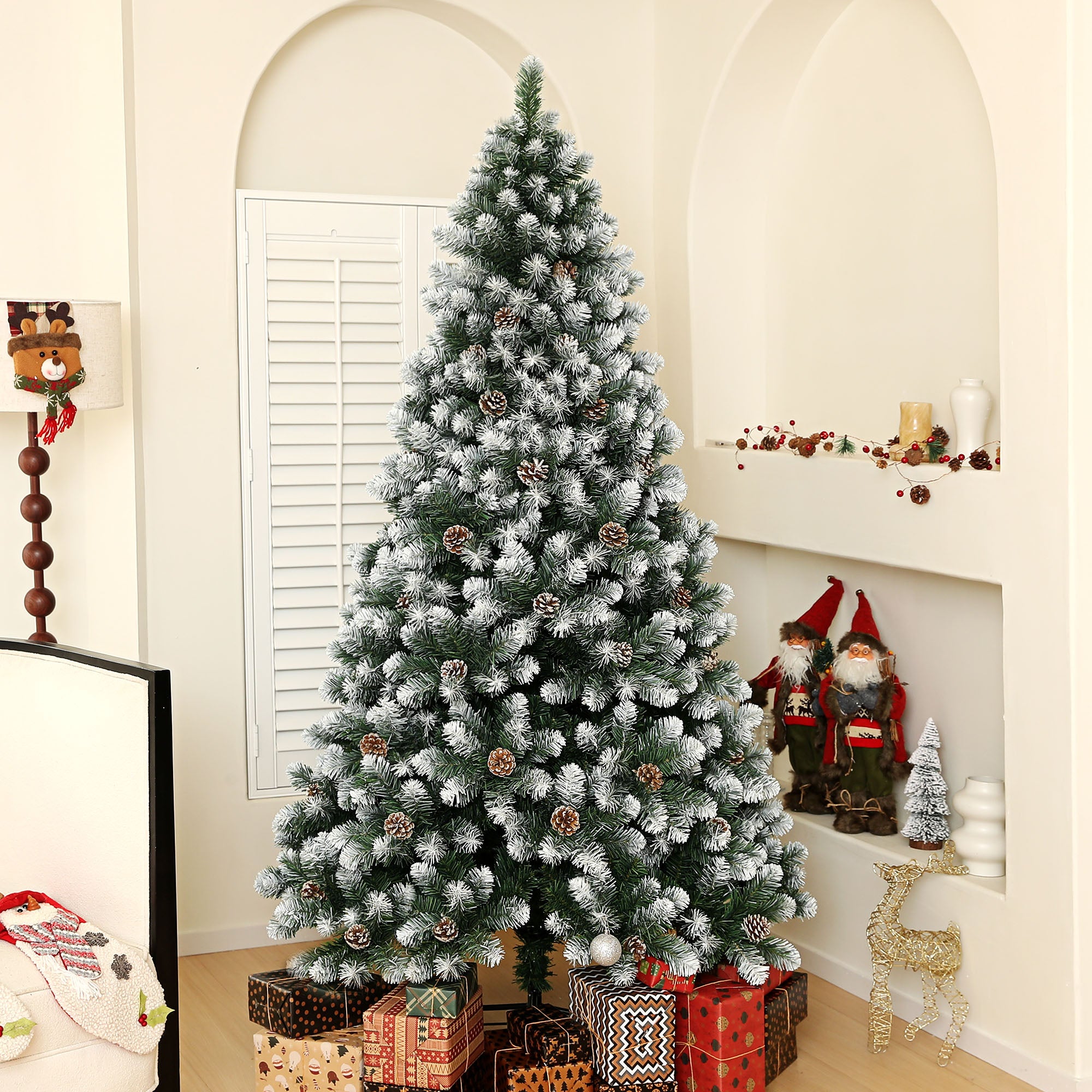 7ft Artificial Pine Christmas Tree with 1152 Branch Tips and Steel Base, Realistic Hinged Tree with Pinecones, Holiday Décor for Home Office, Green