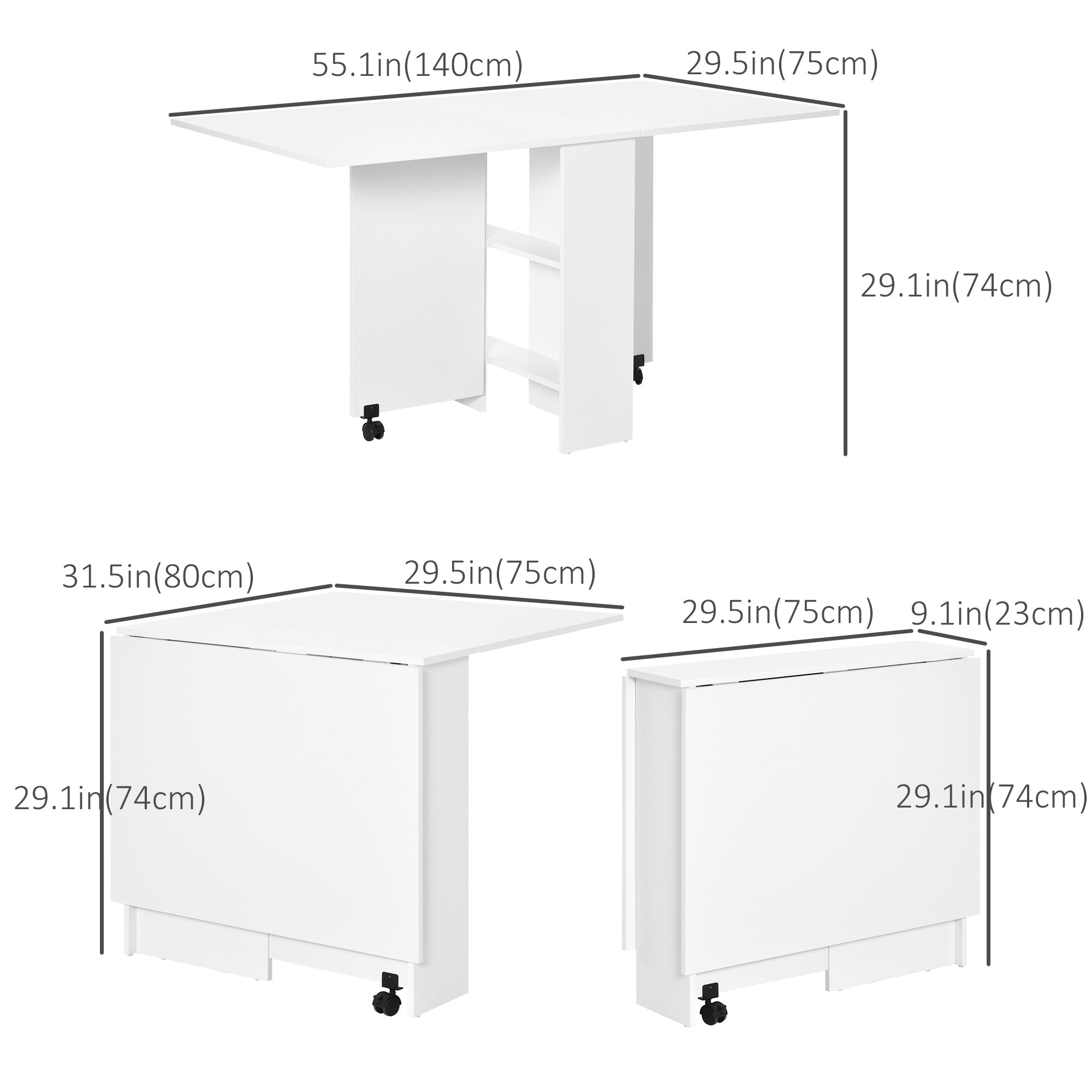 HOMCOM Folding Dining Table, Drop Leaf Table for Small Spaces with 2-tier Shelves, Small Kitchen Table with Rolling Casters, White