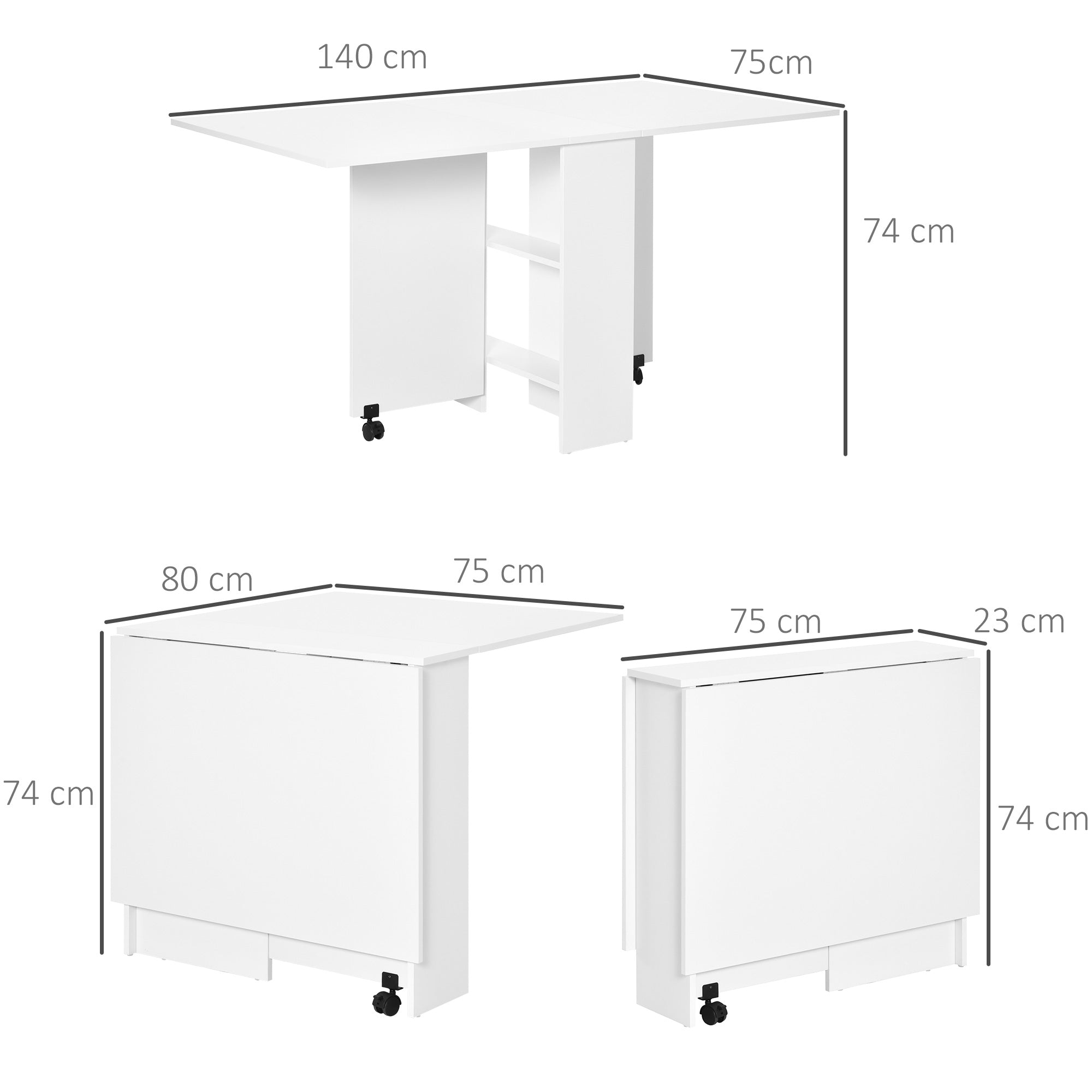 HOMCOM Folding Dining Table, Drop Leaf Table for Small Spaces with 2-tier Shelves, Small Kitchen Table with Rolling Casters, White