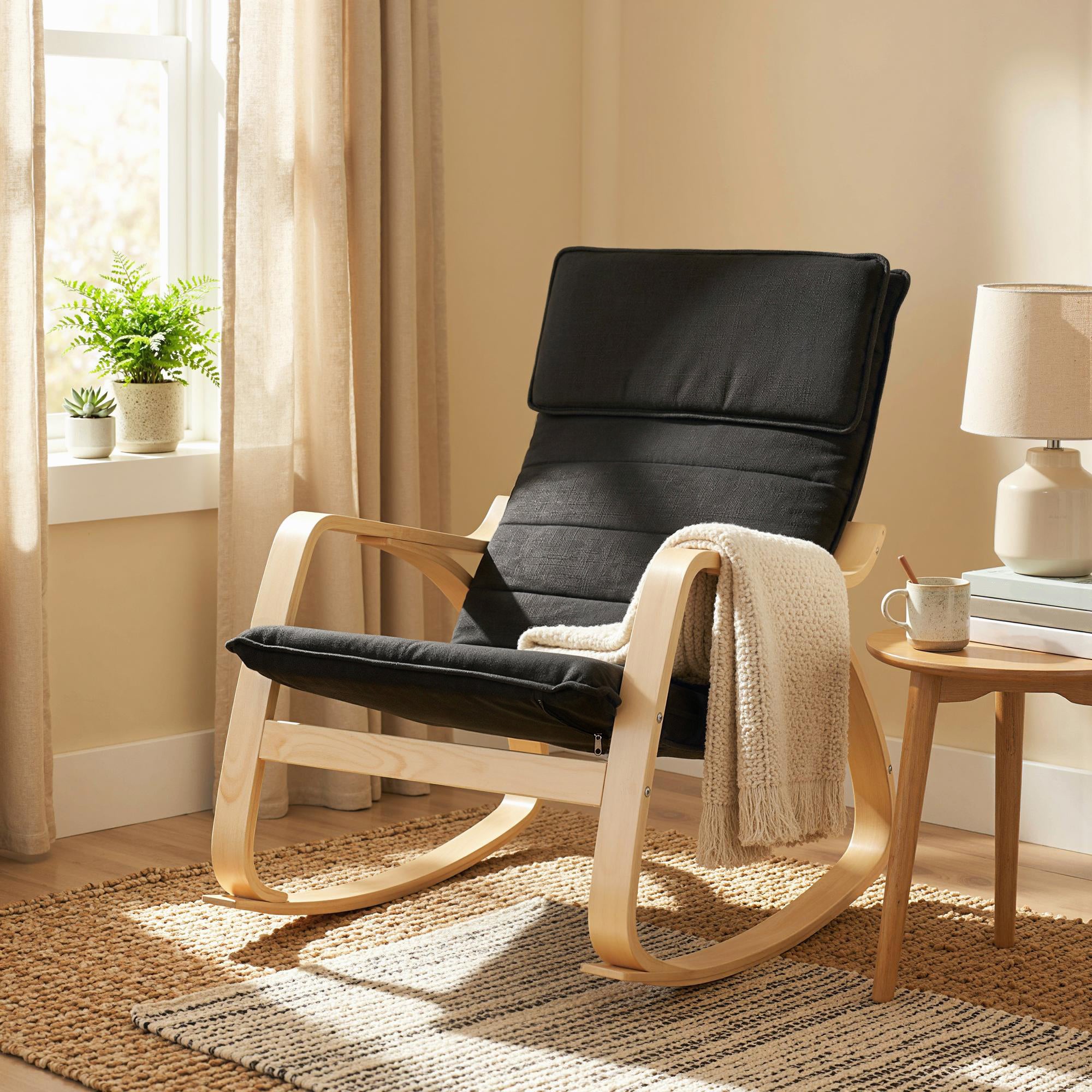 Comfortable Relax Rocking Chair, Upholstered Lounge Chair with High Back and Headrest for Living Room, Bedroom, Black