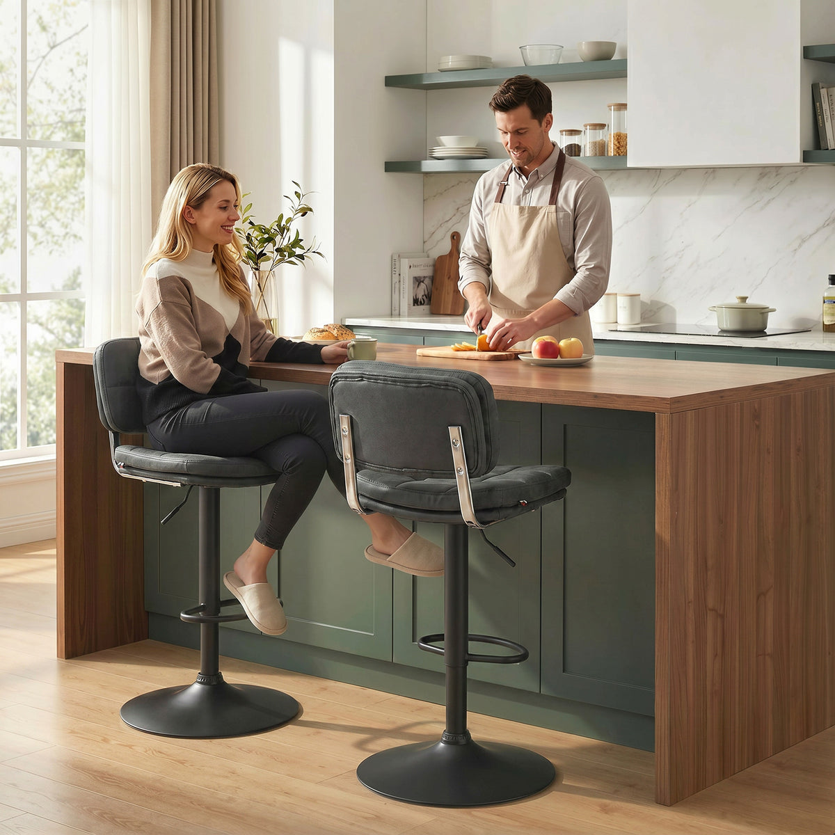 Bar Stools Set of 2, Swivel Counter Height Barstools with Adjustable Height, Back and Footrest, PU Leather Upholstered Bar Chairs for Home Kitchen Island, Black