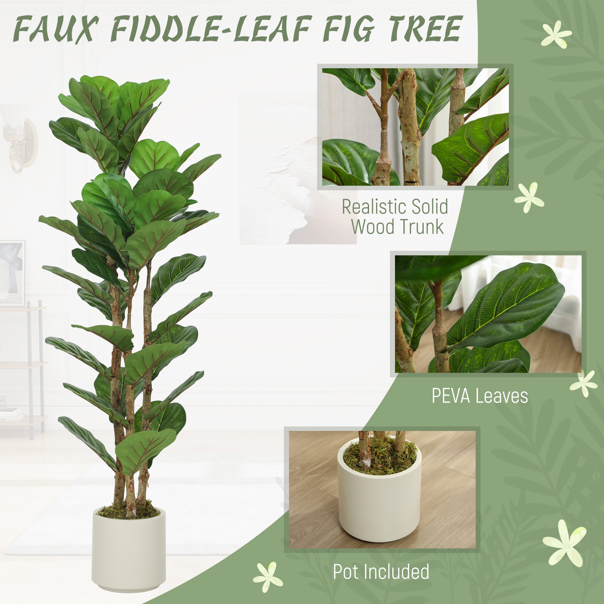 4FT Artificial Fiddle Leaf Fig Tree with Solid Wood Trunks, Lifelike Fake Tree with 45 Leaves in Pot for Indoor Living Room Office Home Decor, Green