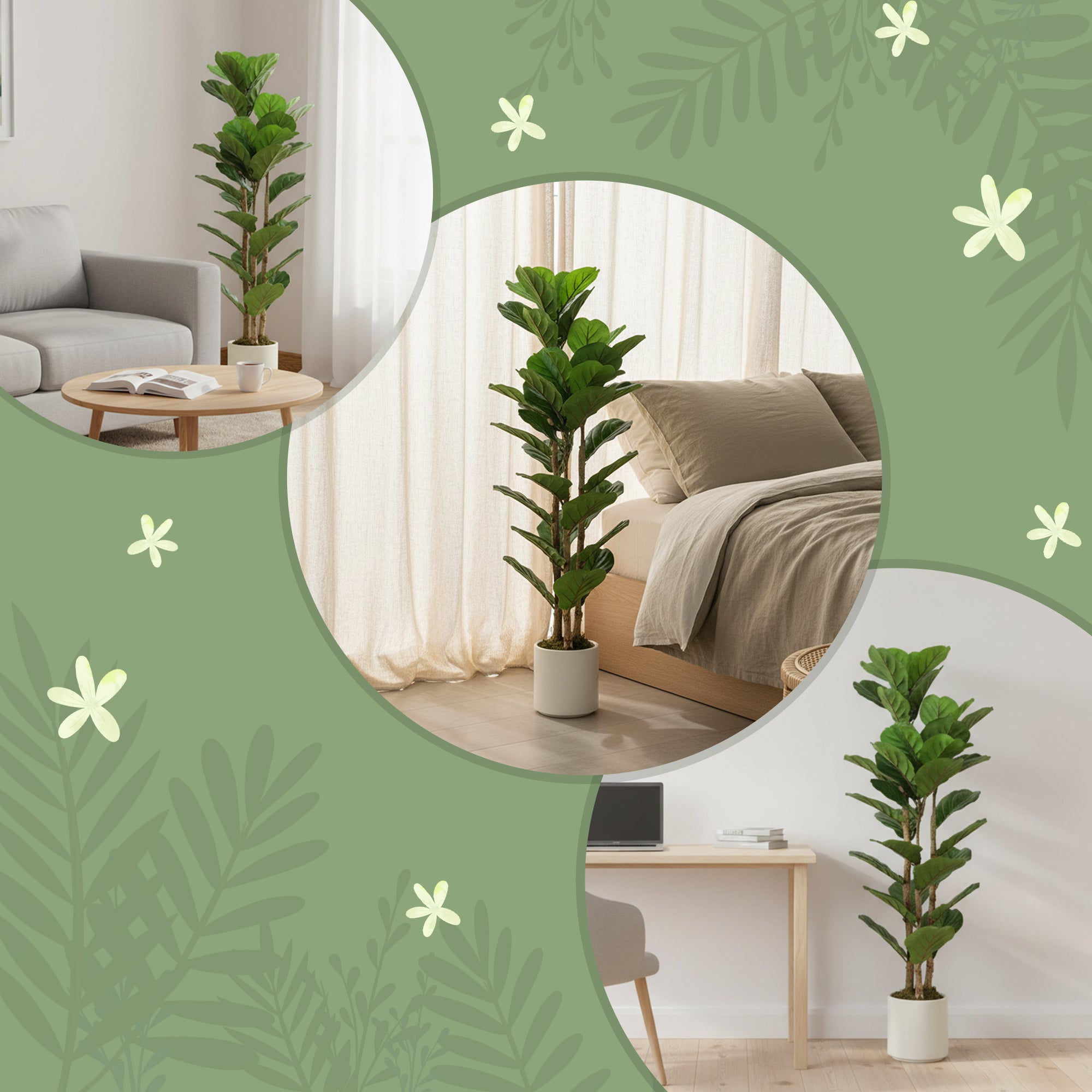 4FT Artificial Fiddle Leaf Fig Tree with Solid Wood Trunks, Lifelike Fake Tree with 45 Leaves in Pot for Indoor Living Room Office Home Decor, Green