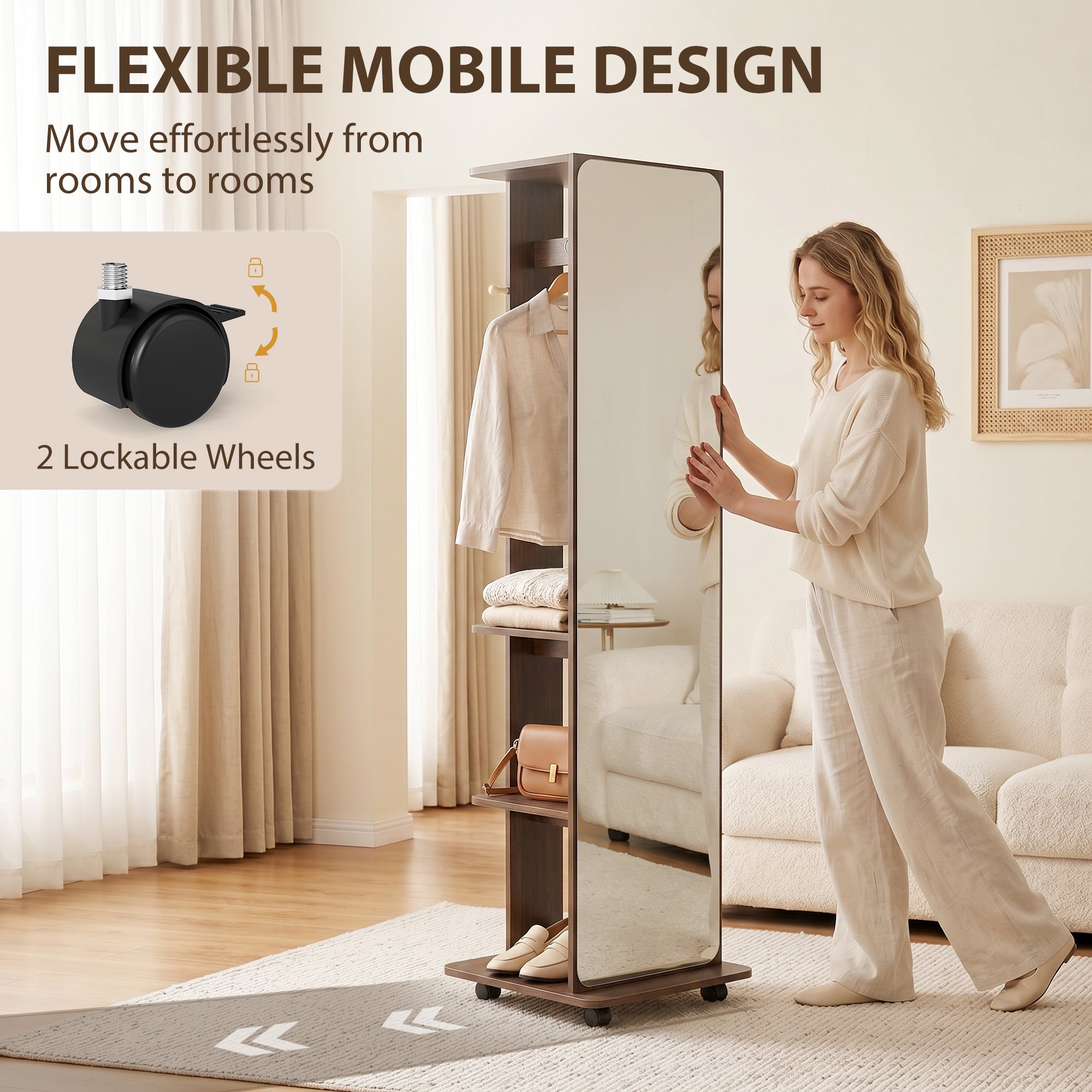 15" x 62" Full Length Mirror, Tempered Glass Floor Mirror on Wheels with Storage Shelves, Coat Hangers for Bedroom, Living Room, Brown Wood Grain