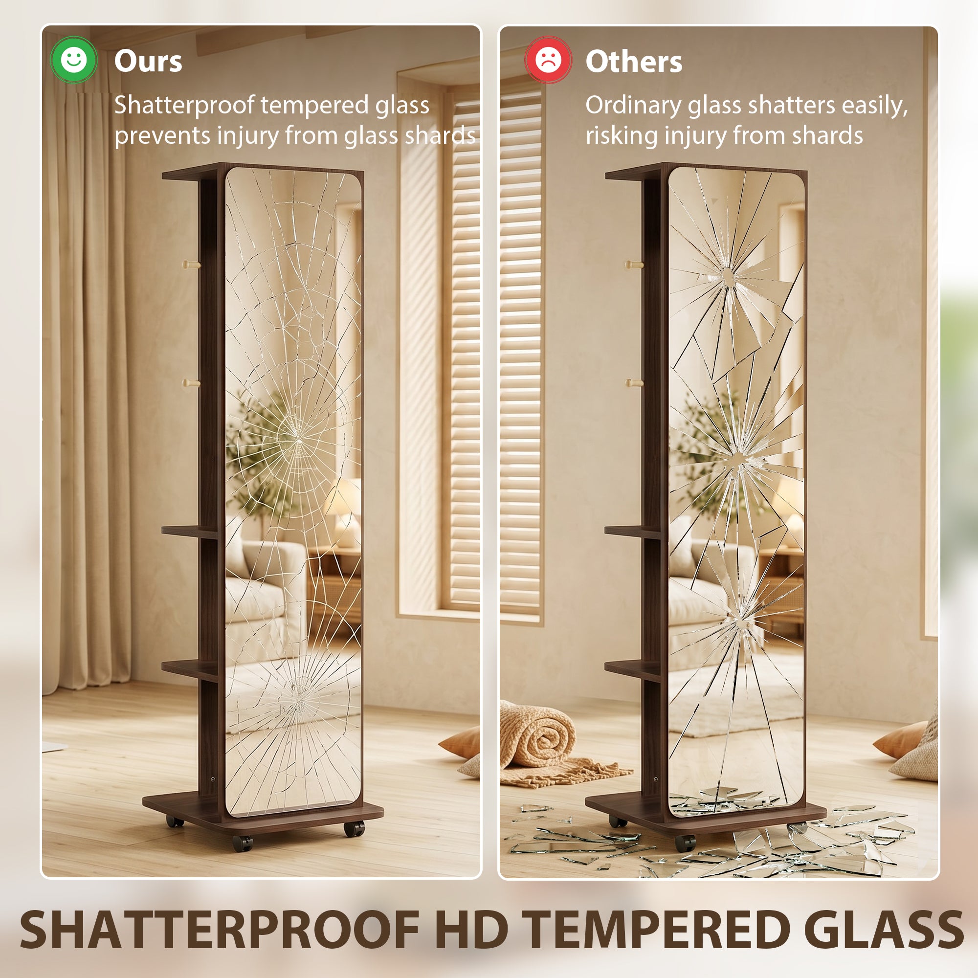 15" x 62" Full Length Mirror, Tempered Glass Floor Mirror on Wheels with Storage Shelves, Coat Hangers for Bedroom, Living Room, Brown Wood Grain
