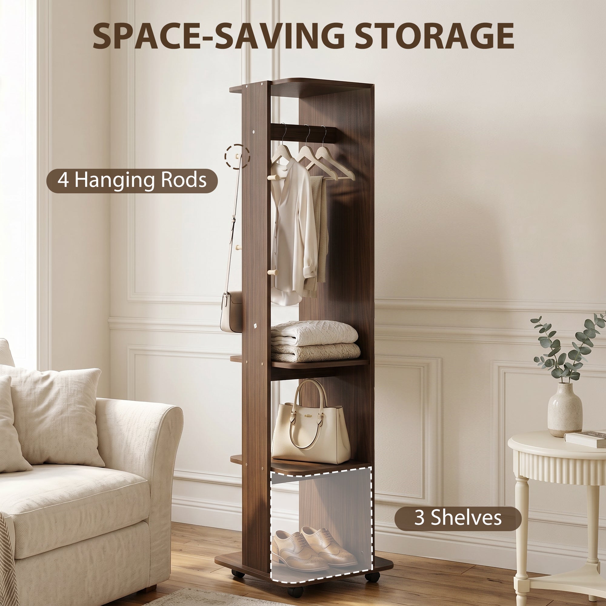15" x 62" Full Length Mirror, Tempered Glass Floor Mirror on Wheels with Storage Shelves, Coat Hangers for Bedroom, Living Room, Brown Wood Grain