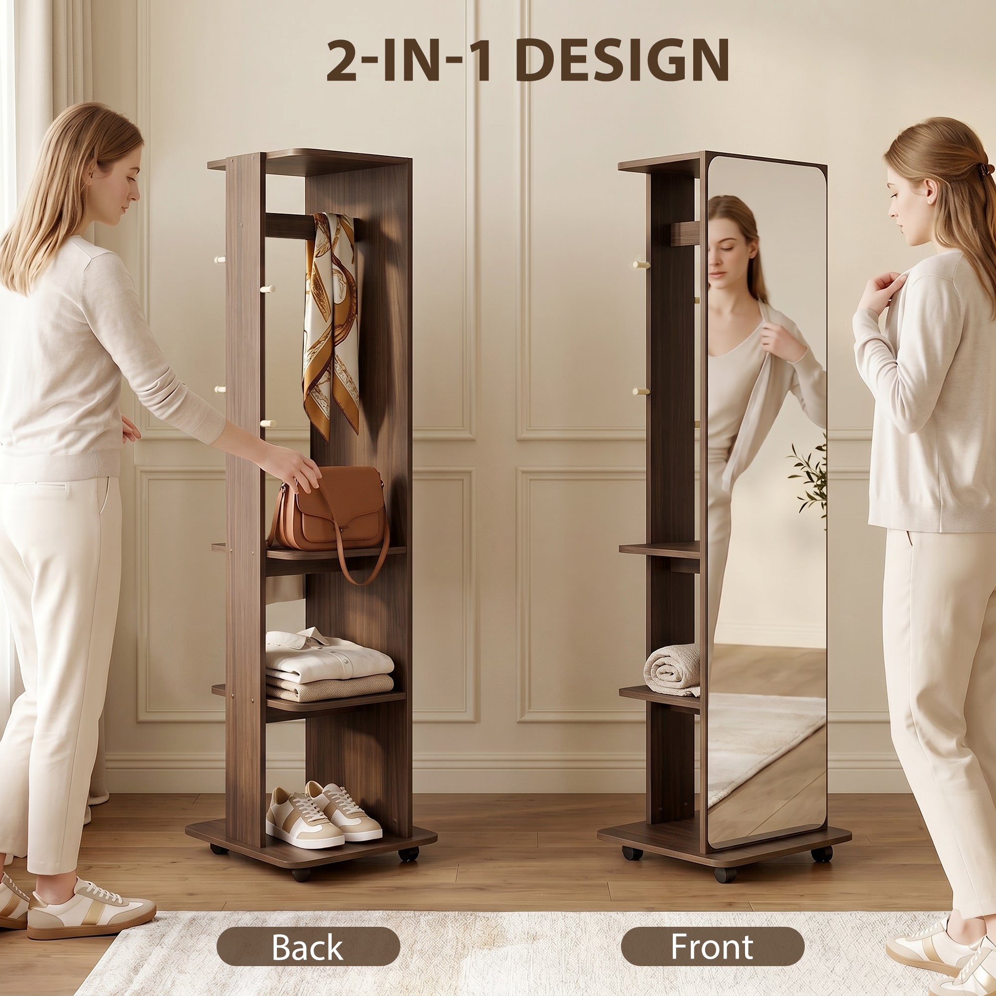 15" x 62" Full Length Mirror, Tempered Glass Floor Mirror on Wheels with Storage Shelves, Coat Hangers for Bedroom, Living Room, Brown Wood Grain