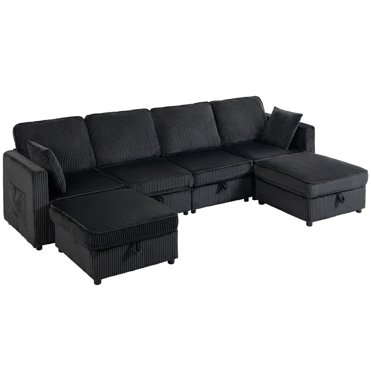 Modular Sectional Sofa with Dual Storage Ottoman, 306 cm 4 Seater U-Shaped Couch, Corduroy Sofa Bed with Under-Seat Storage, 4 Pillows, Pocket Springs, Pockets, Dark Grey
