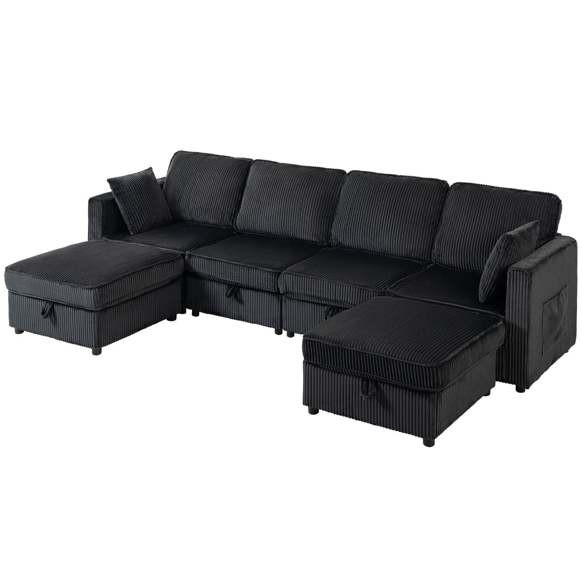 Modular Sectional Sofa with Dual Storage Ottoman, 306 cm 4 Seater U-Shaped Couch, Corduroy Sofa Bed with Under-Seat Storage, 4 Pillows, Pocket Springs, Pockets, Dark Grey