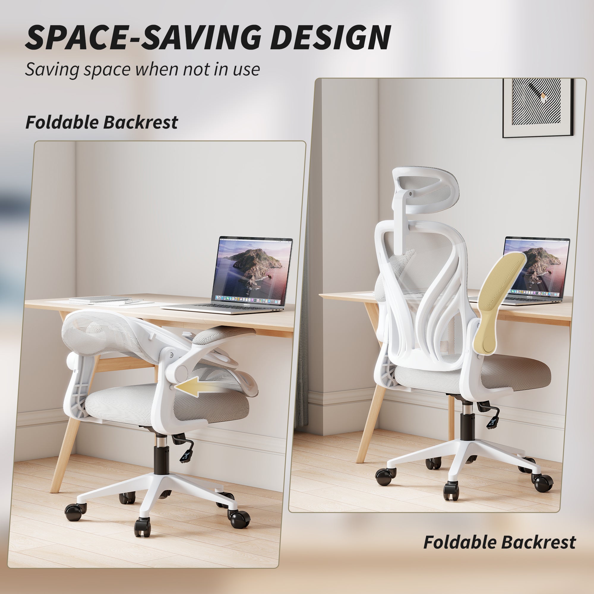 Ergonomic Office Chair, High Back Mesh Desk Chair with Foldable Backrest, 2D Headrest, Flip-up Armrest, Lumbar Support, Tilt Function, Swivel Wheels for Home Office, Light Grey
