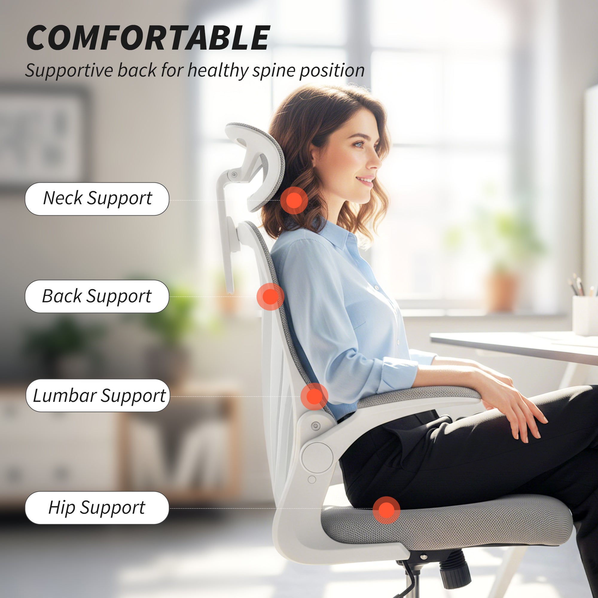 Ergonomic Office Chair, High Back Mesh Desk Chair with Foldable Backrest, 2D Headrest, Flip-up Armrest, Lumbar Support, Tilt Function, Swivel Wheels for Home Office, Light Grey