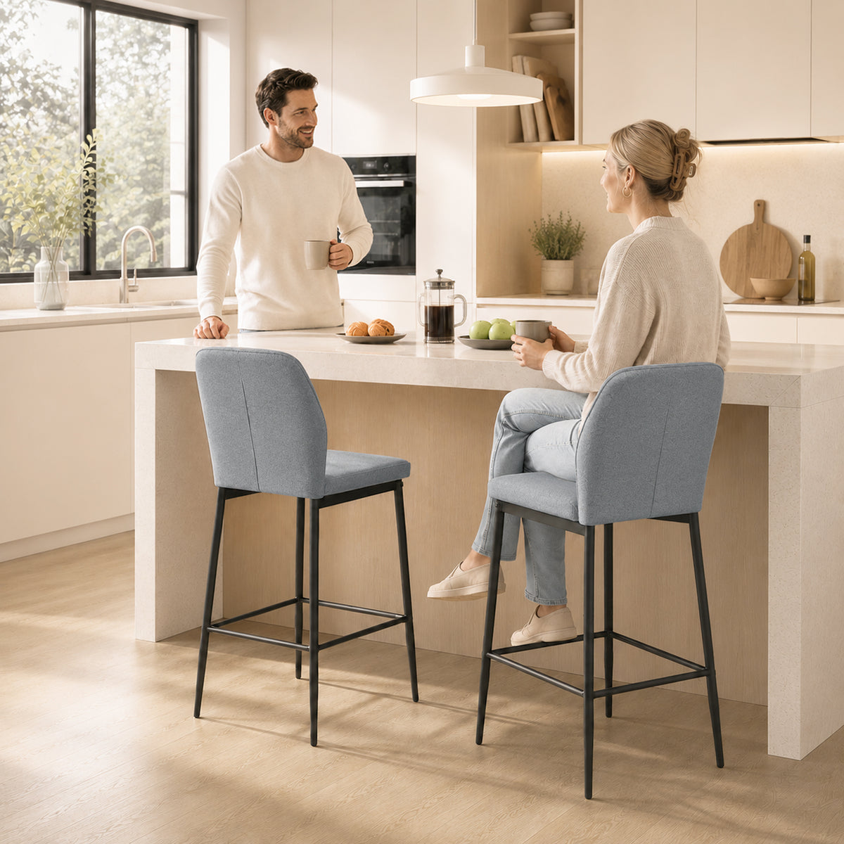 Set of 2 Velvet Bar Stools, Modern Tall Barstools with Footrest and Backrest for Kitchen Counter, Breakfast Bar, Grey