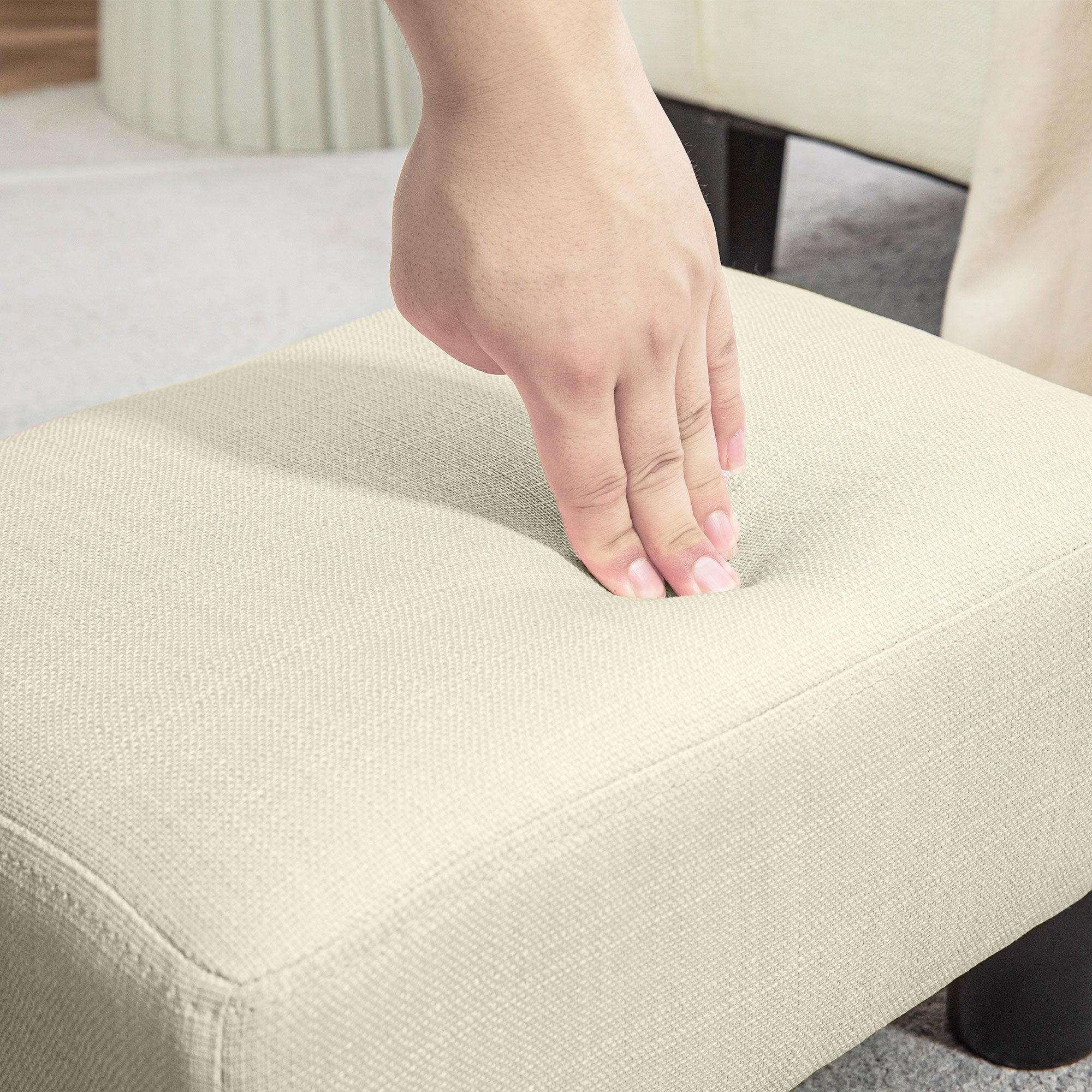 Small Ottoman Foot Rest, Foot Stool with Linen Fabric Upholstery and Plastic Legs, Cube Ottoman, Beige