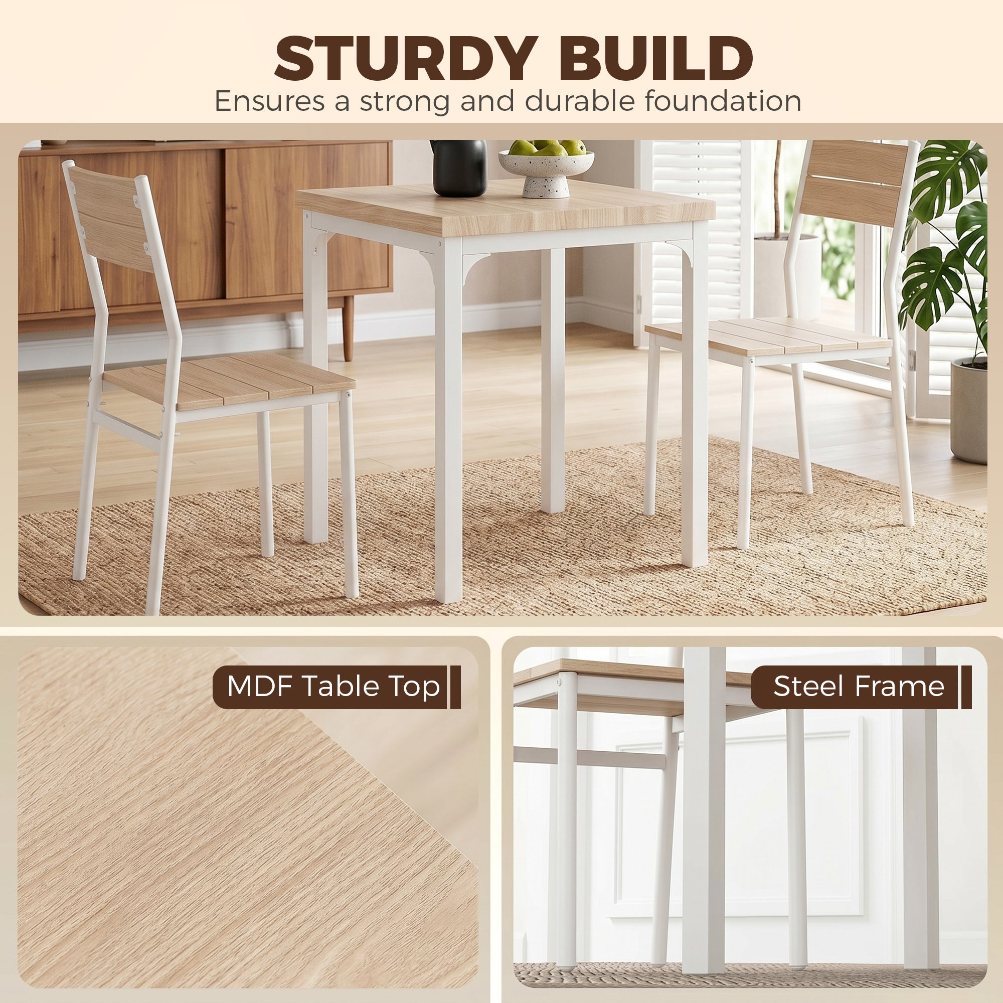 3 Pieces Modern Dining Table Set, Kitchen Table and Chairs for 2, Space Saving Design, Breakfast Nook Table Set with Steel Legs for Kitchen, Small Space, Oak Wood Effect