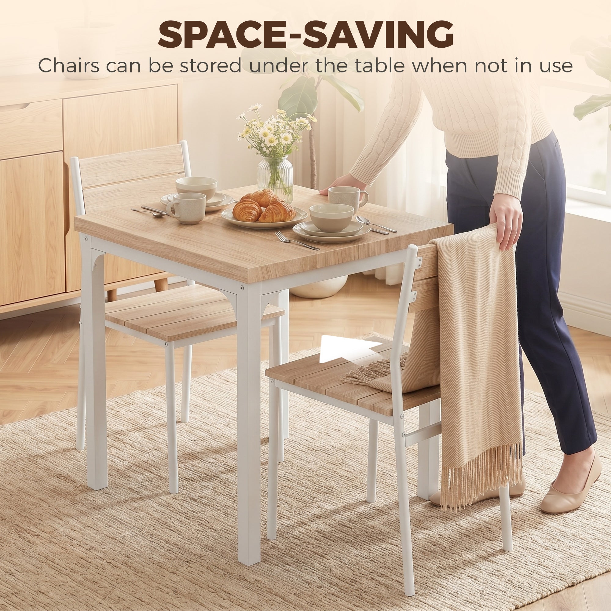 3 Pieces Modern Dining Table Set, Kitchen Table and Chairs for 2, Space Saving Design, Breakfast Nook Table Set with Steel Legs for Kitchen, Small Space, Oak Wood Effect