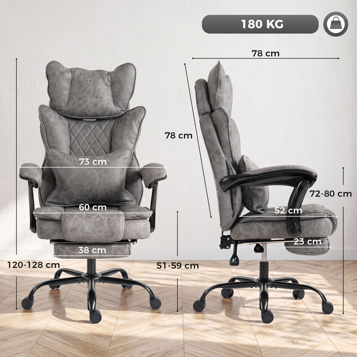 Executive Office Chair, 180kg Big and Tall Leathaire Desk Chair with Adjustable Headrest, Lumbar Support, Wide Seat, Reclining Back, Footrest, Swivel Wheels, Grey