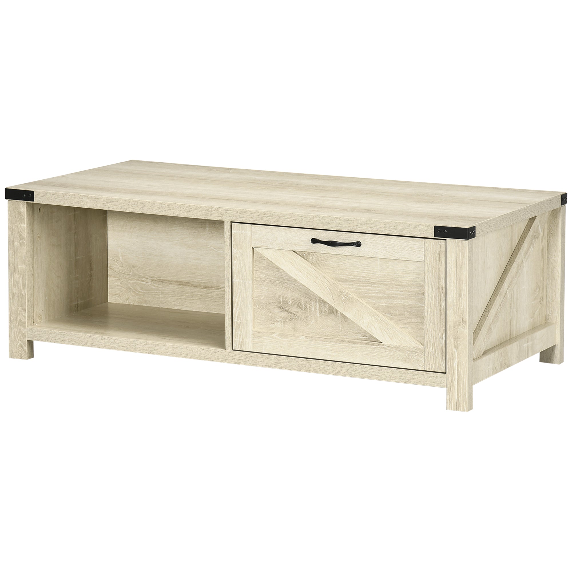 Farmhouse Coffee Table with Storage and Drawer Rustic Living Room Table Open Shelf Pale Oak