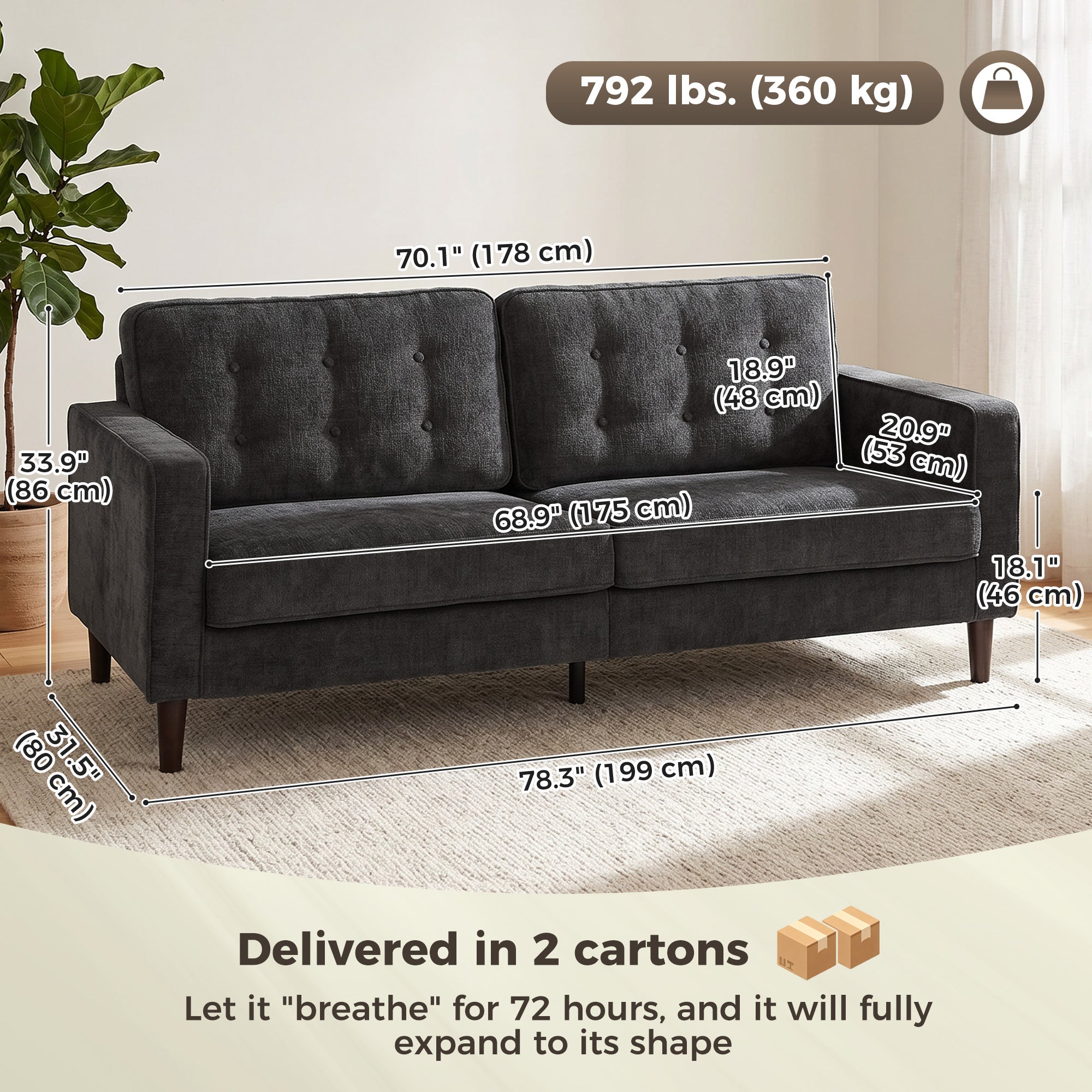 3 Seater Sofa, Upholstered Couch for Bedroom, Modern Sofa Settee with Padded Cushion, Button Tufting and Wood Legs for Living Room, Dark Grey