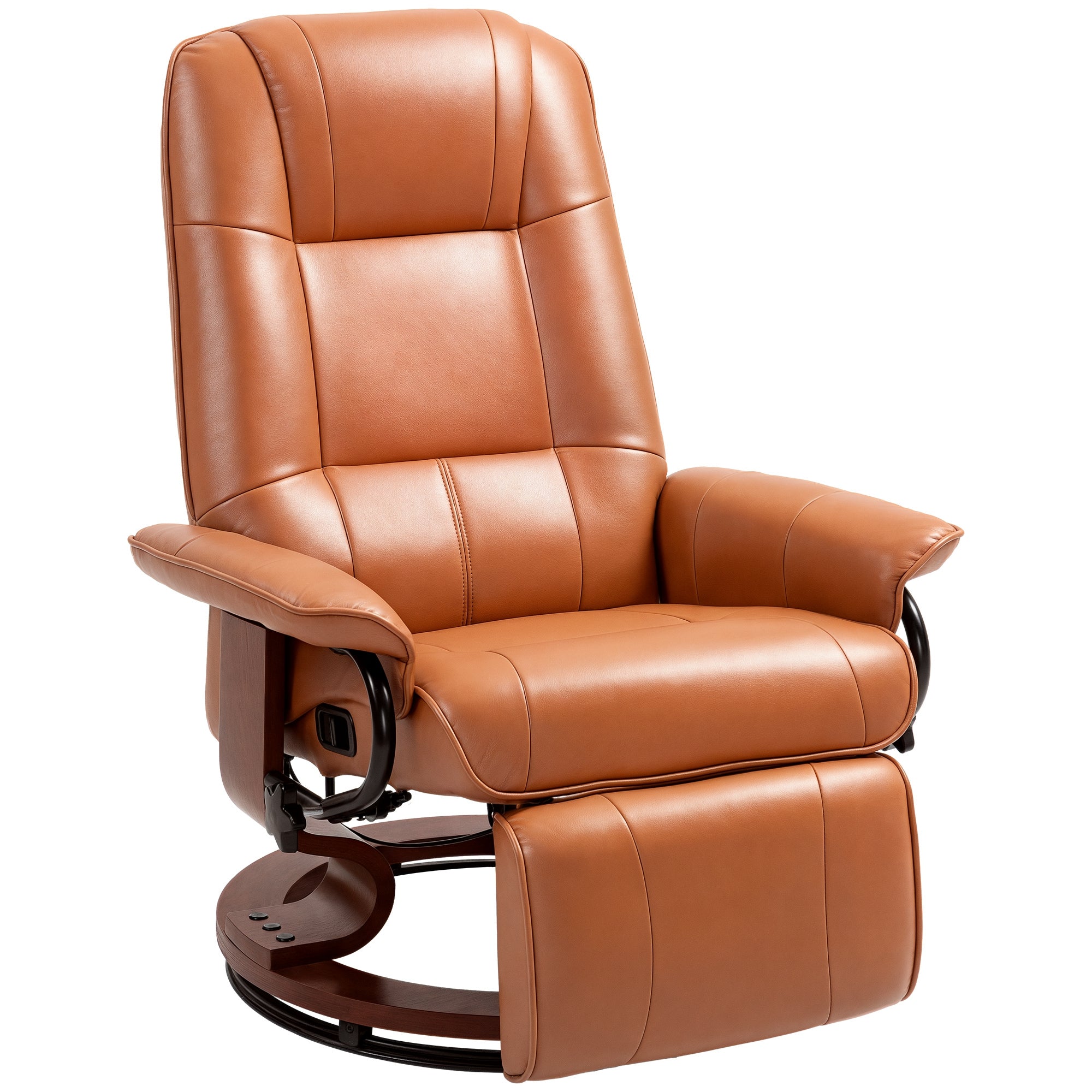 Faux Leather Manual Recliner, Adjustable Swivel Lounge Chair with Footrest, Armrest and Wrapped Wood Base for Living Room, Light Brown