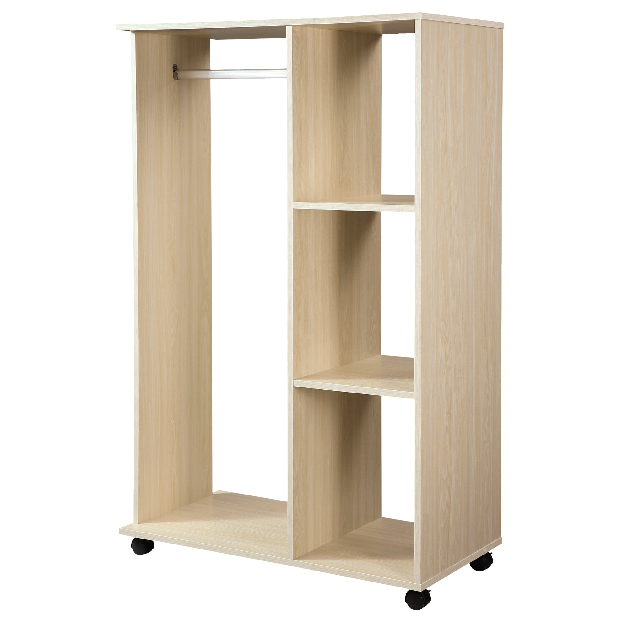 Open Wardrobe on Wheels, Bedroom Wardrobe with Clothes Hanging Rail, 3 Storage Shelves, Mobile Garment Rack for Cloakroom, Hallway, Maple Wood-Effect