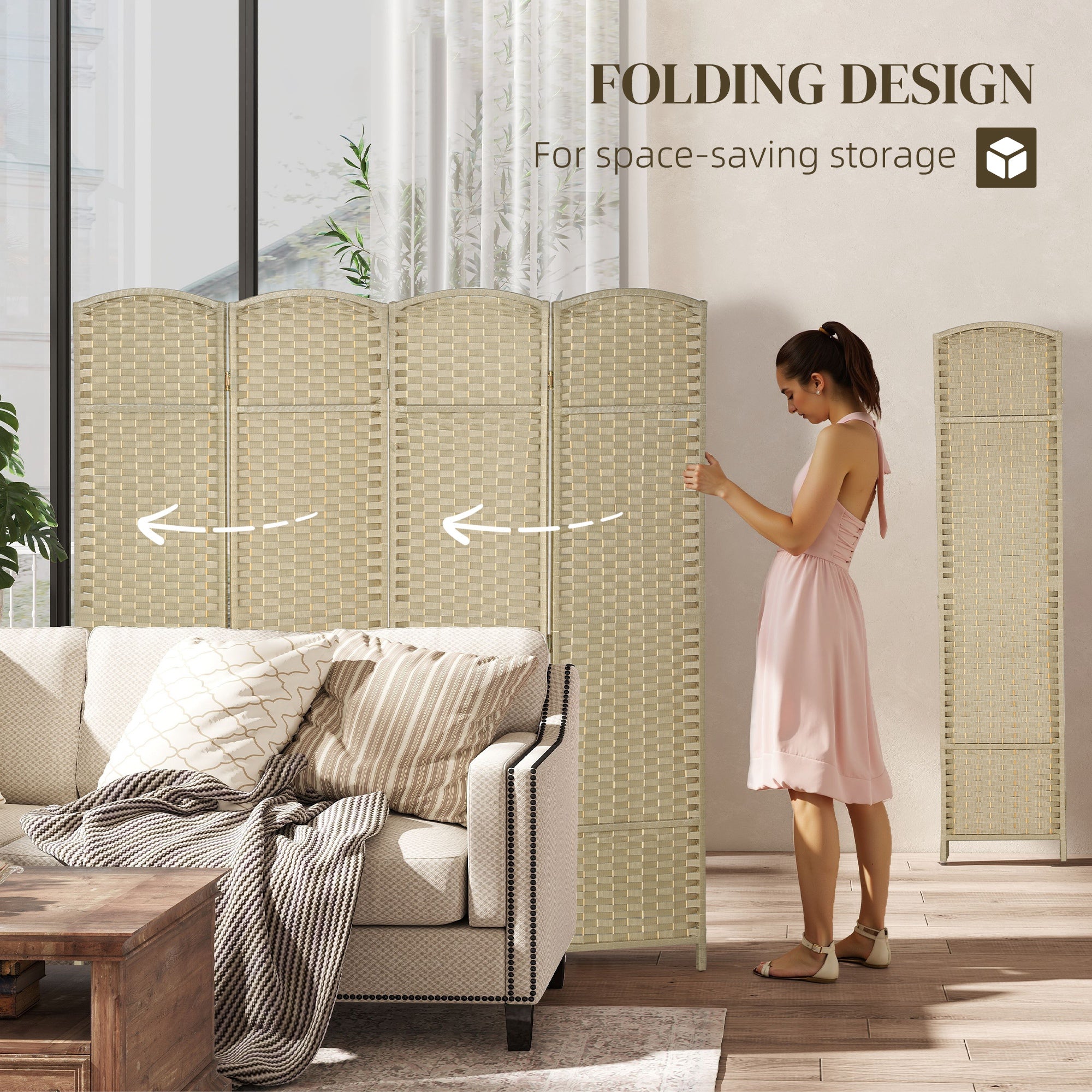 Room Divider, 4 Panel Folding Privacy Screen, 5.6' Tall Freestanding Partition for Home Office, Bedroom, Beige