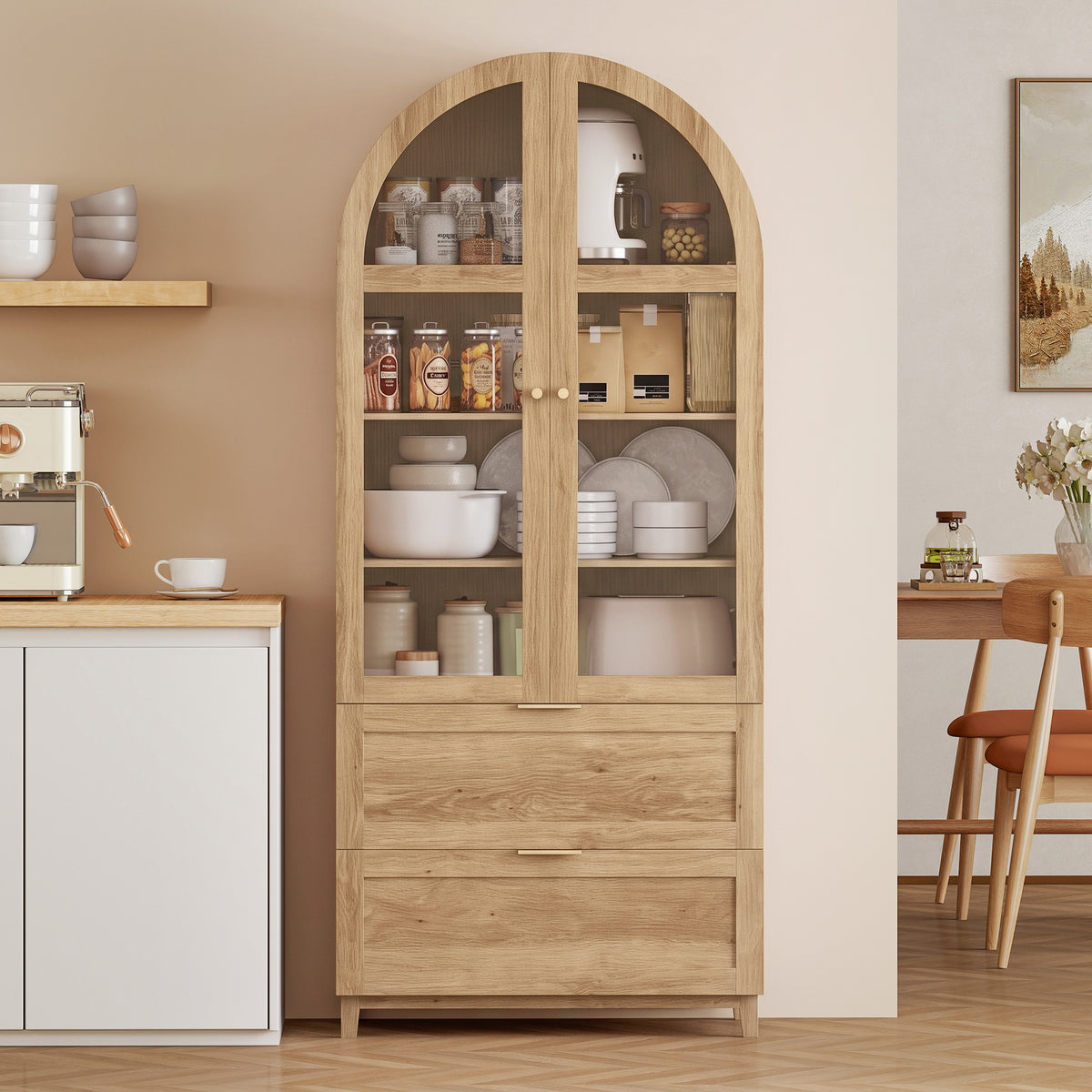 71" Tall Arched Kitchen Pantry Cabinet, Farmhouse Freestanding Kitchen Storage Cabinet with Adjustable Shelves, 2 Drawers, Acrylic Glass Doors for Dining Room, Oak Wood Grain