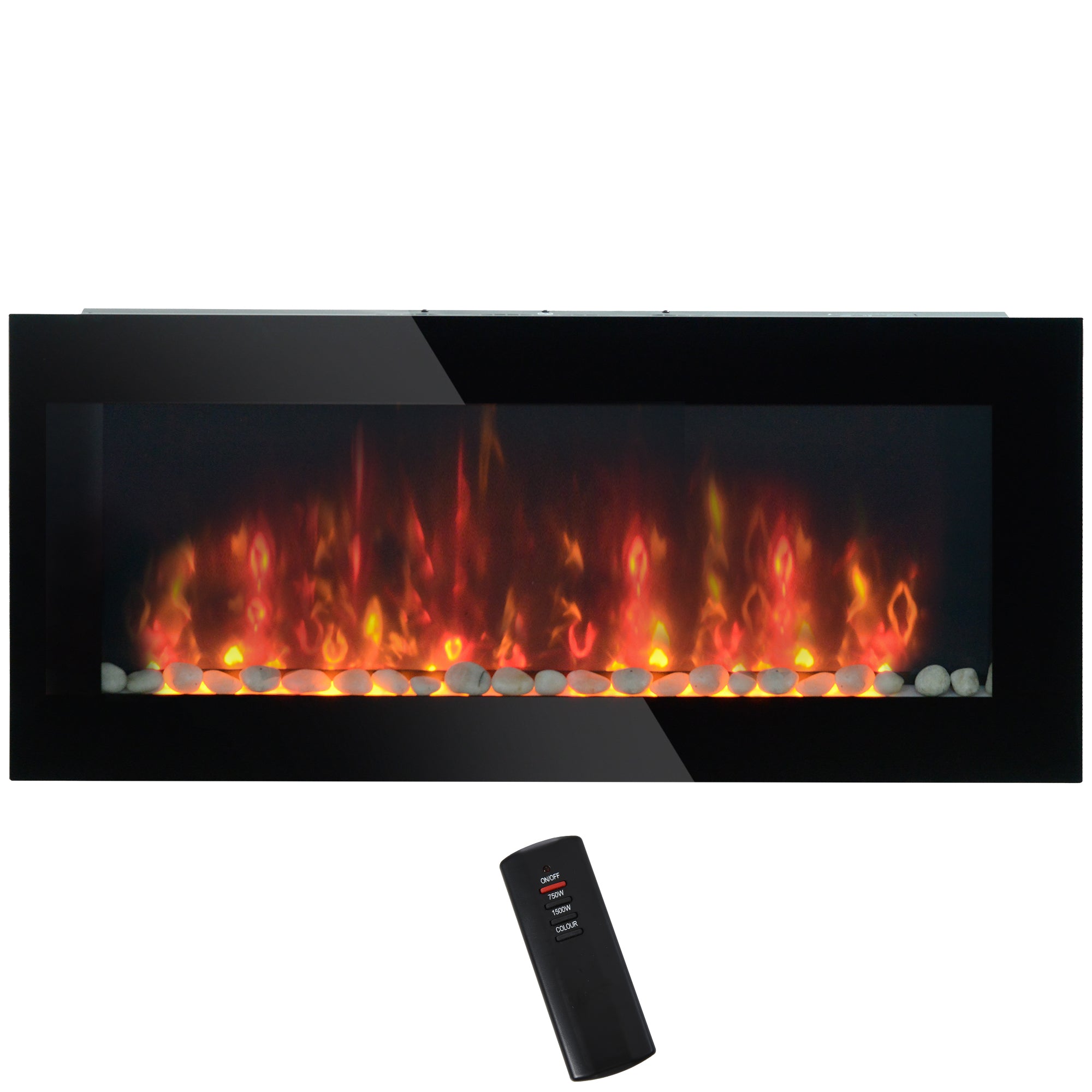 41 Inch Electric Fireplace, Wall Mounted Fireplace with Patented 7 Colour Adjustable LED Flame Effect, Remote Control, 2 Modes Heat, 750/1500W Heater for Living Room, Black
