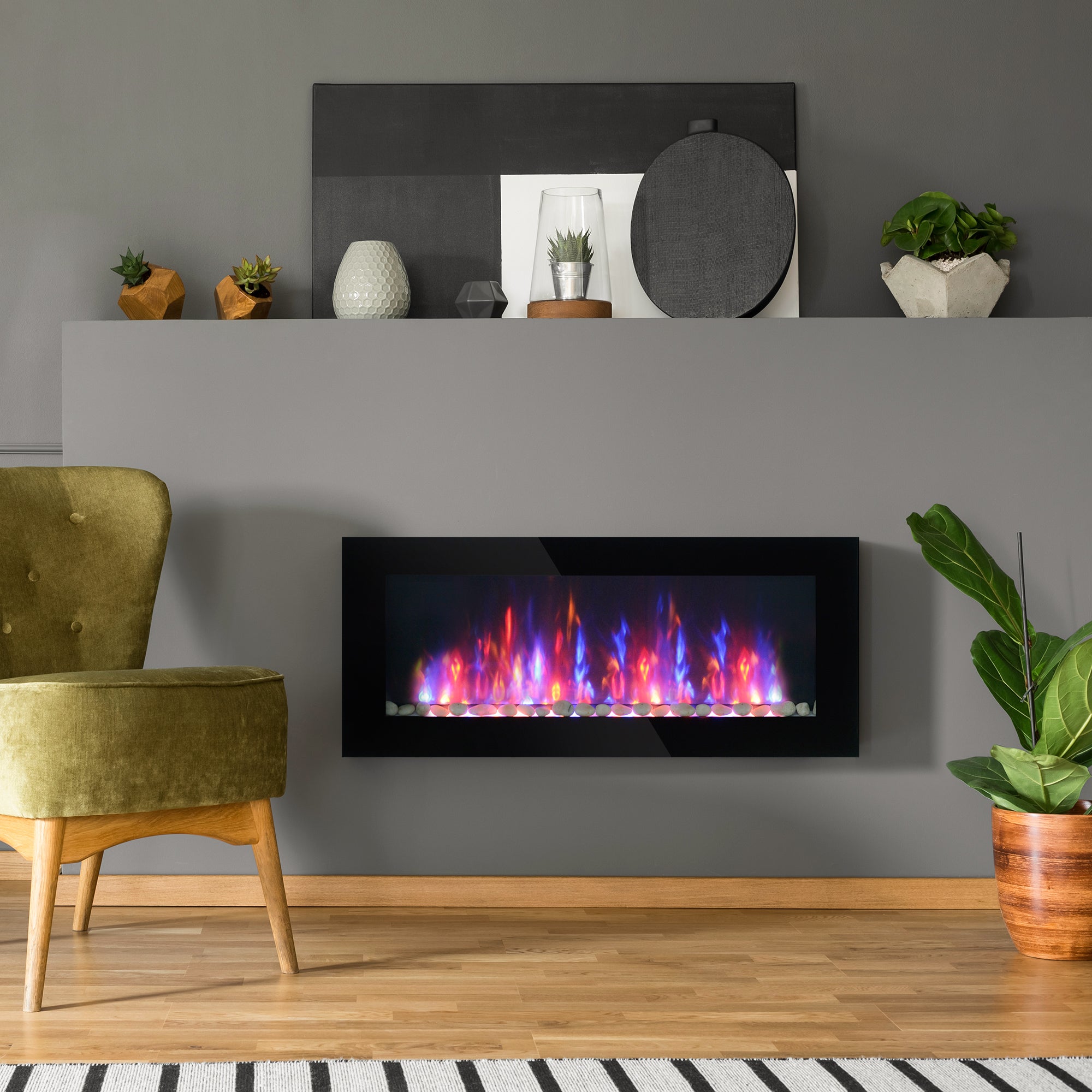 41 Inch Electric Fireplace, Wall Mounted Fireplace with Patented 7 Colour Adjustable LED Flame Effect, Remote Control, 2 Modes Heat, 750/1500W Heater for Living Room, Black