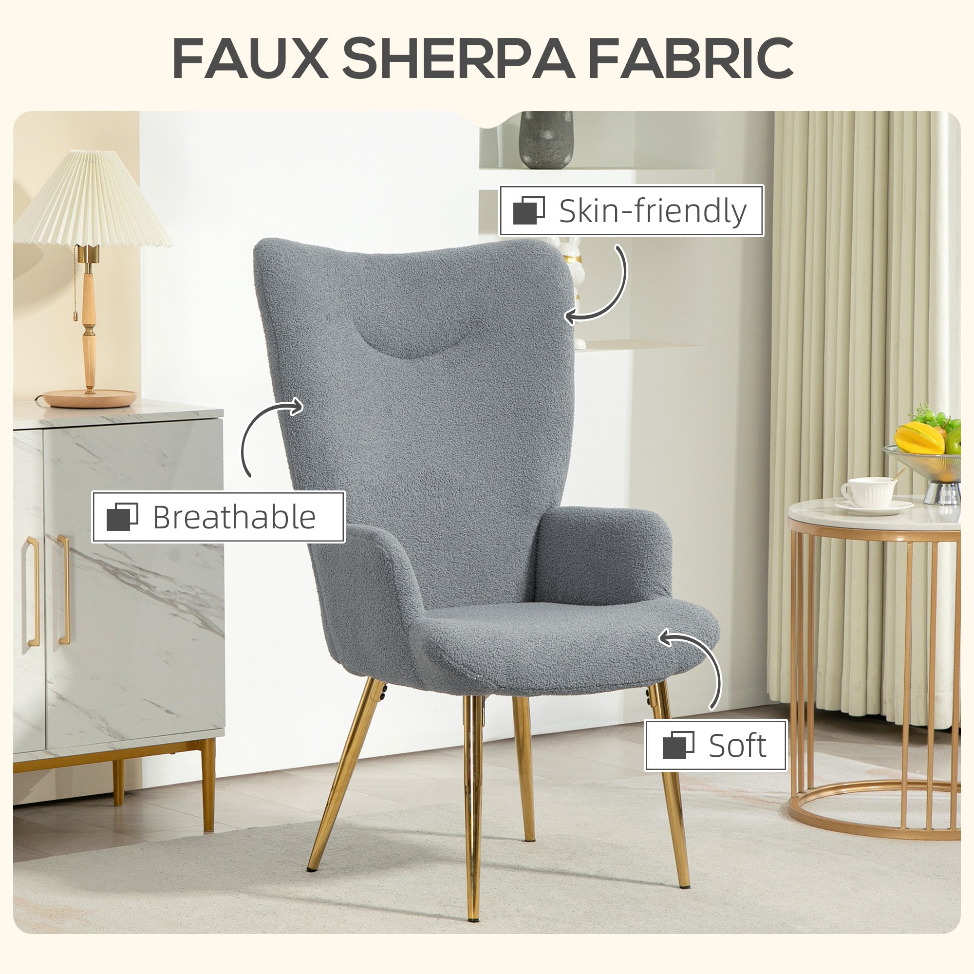 HOMCOM Sherpa Boucle Accent Chair, Upholstered Wingback Armchair with Metal Legs, Modern Fabric Reading Chair for Living Room, Bedroom, Grey