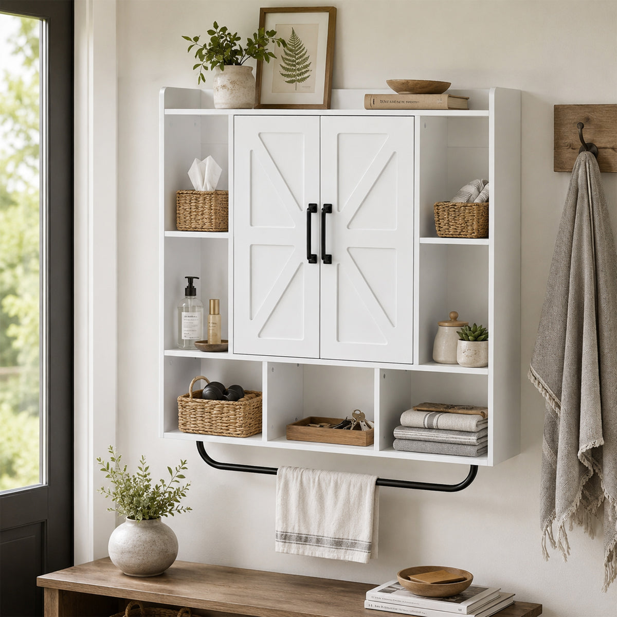Bathroom Wall Cabinet, Medicine Cabinet Wall Mounted with Open and Hidden Storage Space, Over the Toilet Space Saver with Towel Bar for Bathroom and Living Room, White