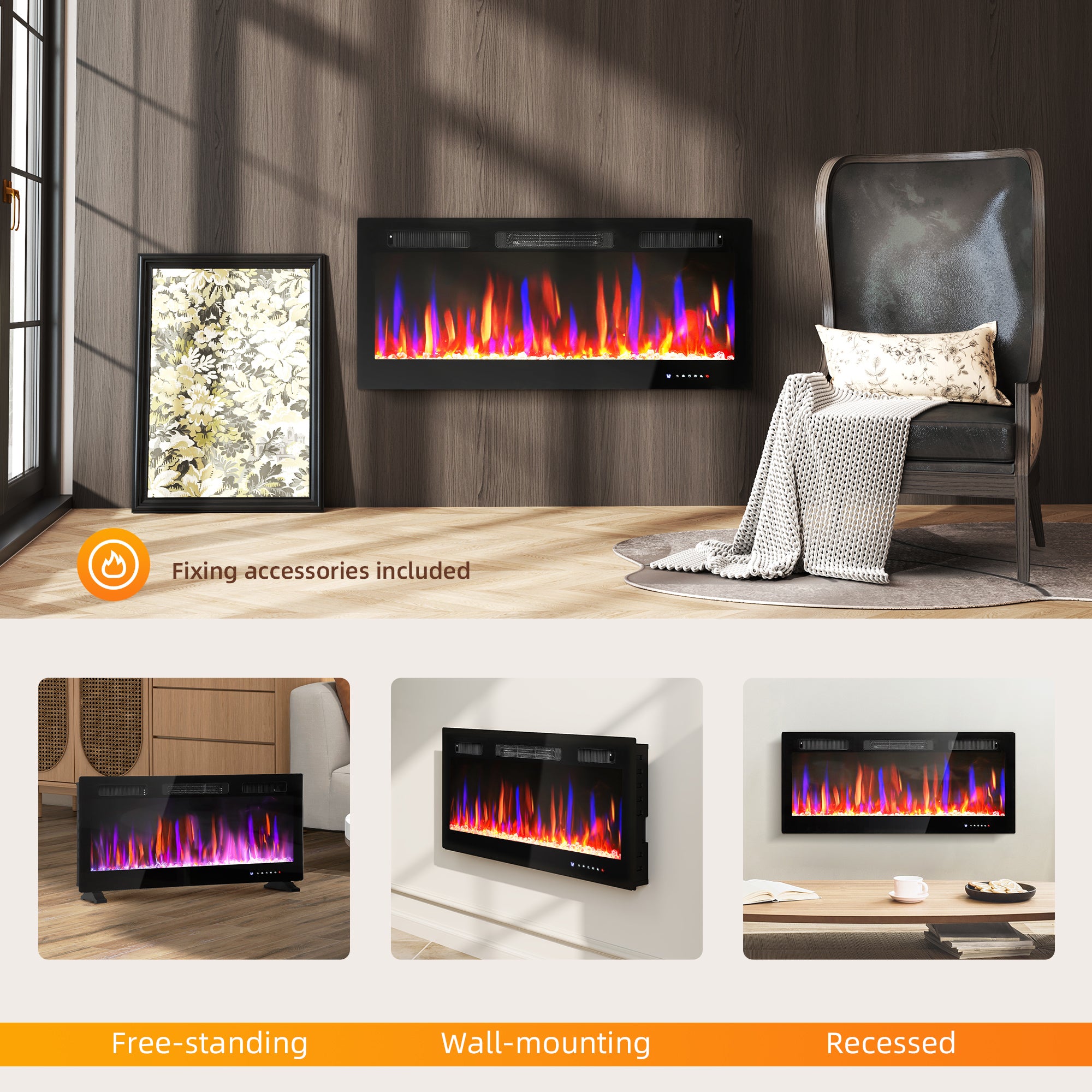 42" Thin Electric Fireplace, Freestanding, Recessed, Wall Mounted Fireplace Heater with Adjustable Flame and Thermostat, Eco Mode, Auto Switch, 12H Timer, Remote, 750/1500W