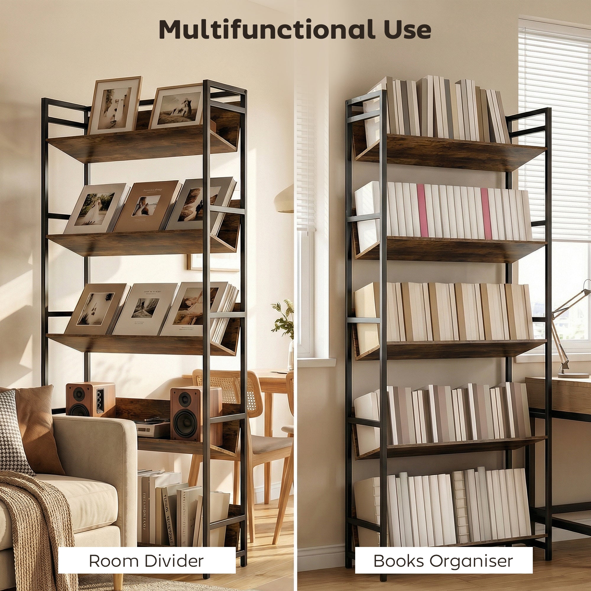 Room Divider Bookshelf, 5-Tier Bookcase, Storage Shelves with Metal Frame and Anti-Slip Design for Living Room, Bedroom, Home Office, Rustic Brown
