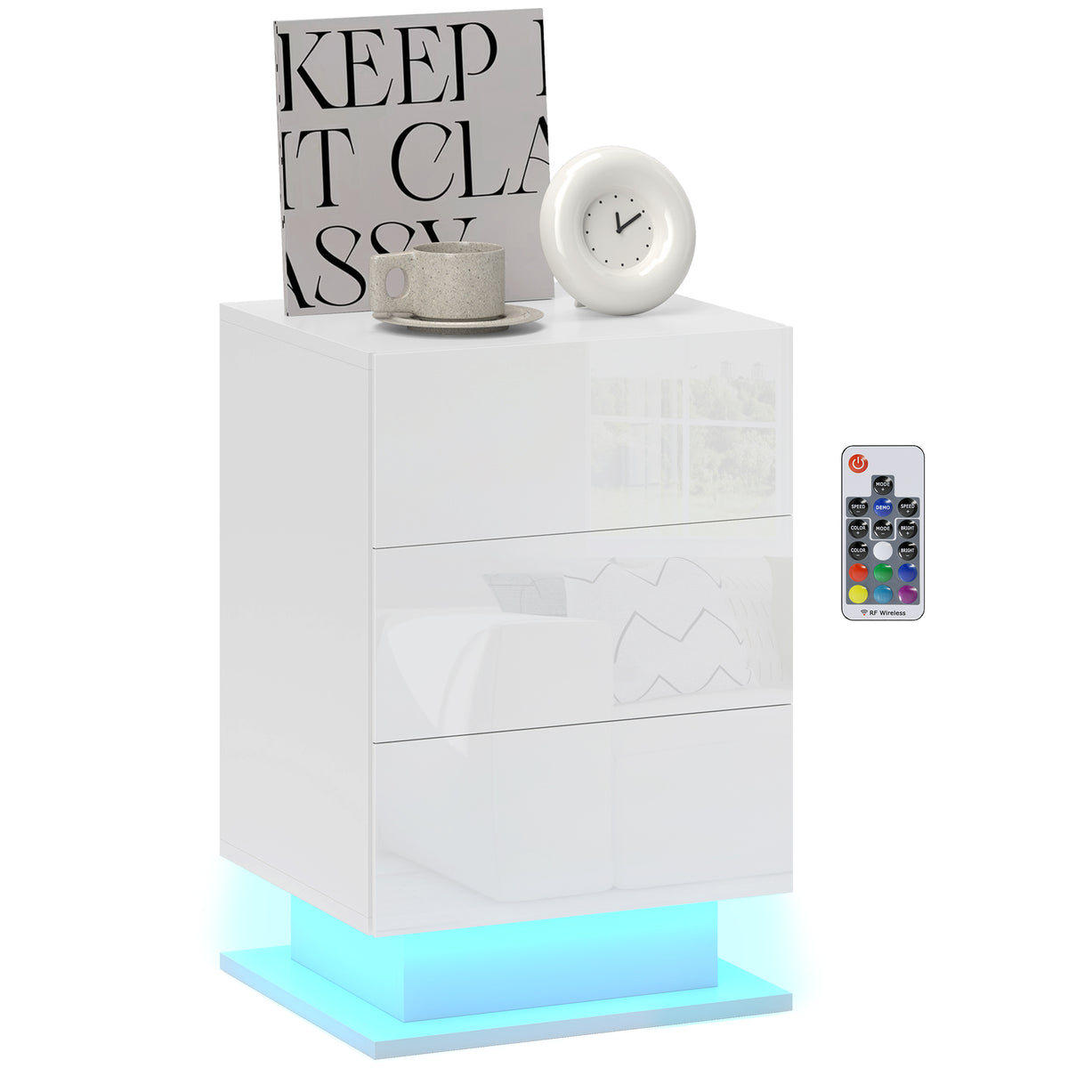 Modern LED Nightstand Bedside Table with Adjustable Colour Lighting & 3 Drawers, Remote Control, 40 x 35 x 60 cm, Side End Table for Bedroom Study, Glossy White