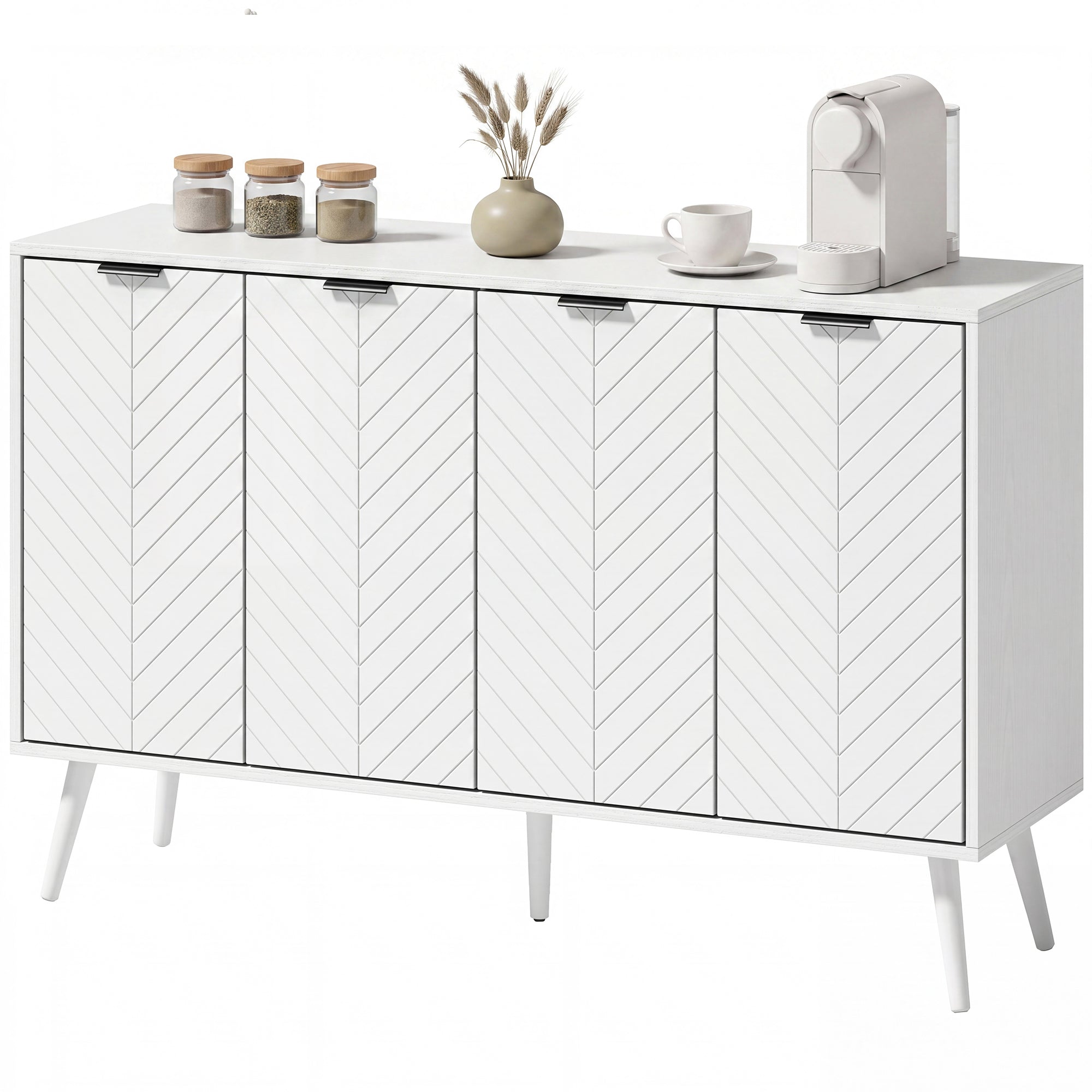 Modern Sideboard Buffet Cabinet, 47" Kitchen Storage Cabinet with 4 Doors and 2 Adjustable Shelves, Coffee Bar Station, White
