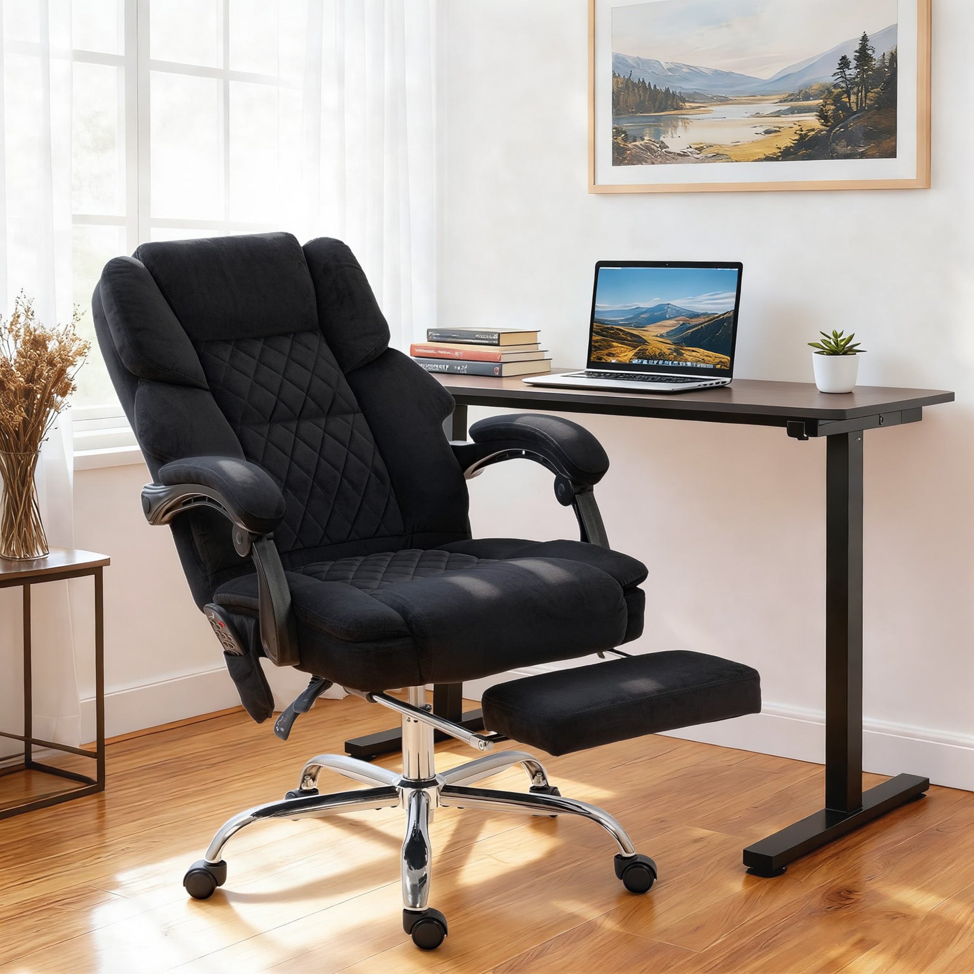 Office Chair with 6-point Vibration Massage and Heat, Velvet-feel Fabric Desk Chair with Footrest, Linkage Armrests, High Back, Adjustable Height, 135° Reclining for Home Office, Black