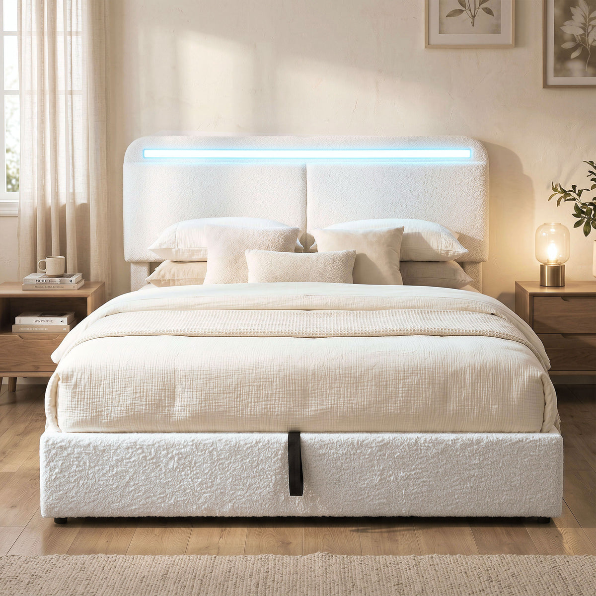 Queen Bed Frame with Charging Station, LED Lights, Adjustable Headboard, Fabric Platform Bed Frame, Wood Slat Support, Noise Free, No Box Spring Needed, Easy Assembly, White